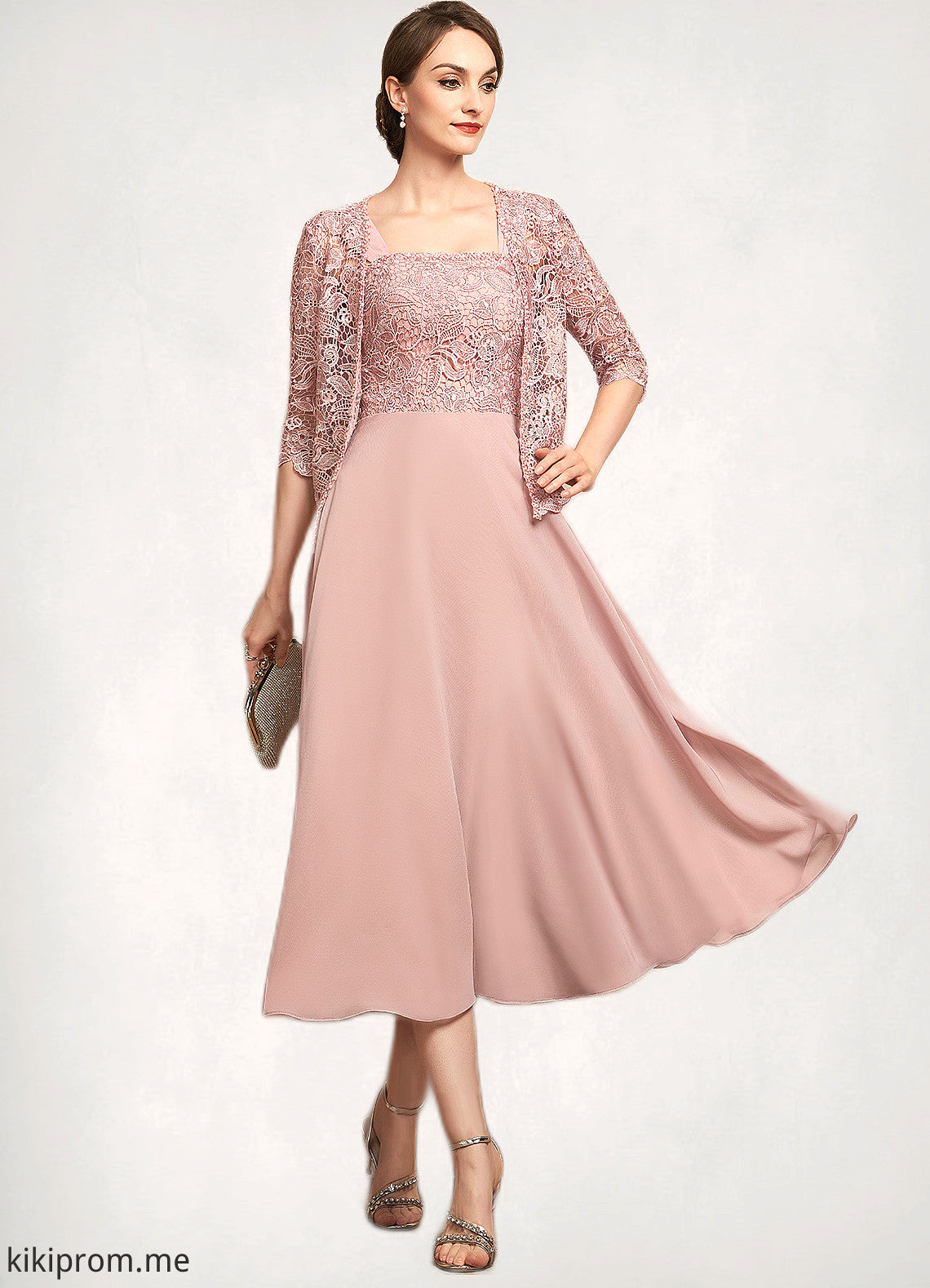 Jaylen A-Line Square Neckline Tea-Length Chiffon Lace Mother of the Bride Dress With Beading Sequins STF126P0014789