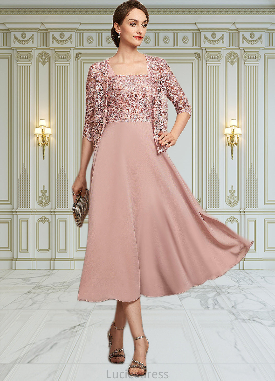 Janiyah A-Line Square Neckline Tea-Length Chiffon Lace Mother of the Bride Dress With Beading Sequins HF126P0014789