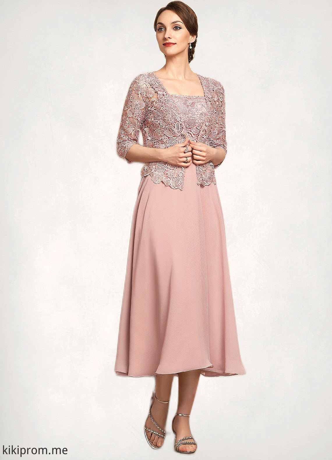 Jaylen A-Line Square Neckline Tea-Length Chiffon Lace Mother of the Bride Dress With Beading Sequins STF126P0014789