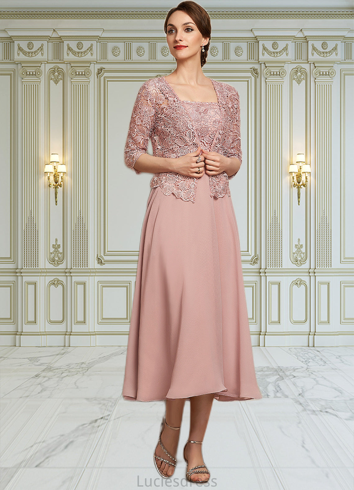 Janiyah A-Line Square Neckline Tea-Length Chiffon Lace Mother of the Bride Dress With Beading Sequins HF126P0014789