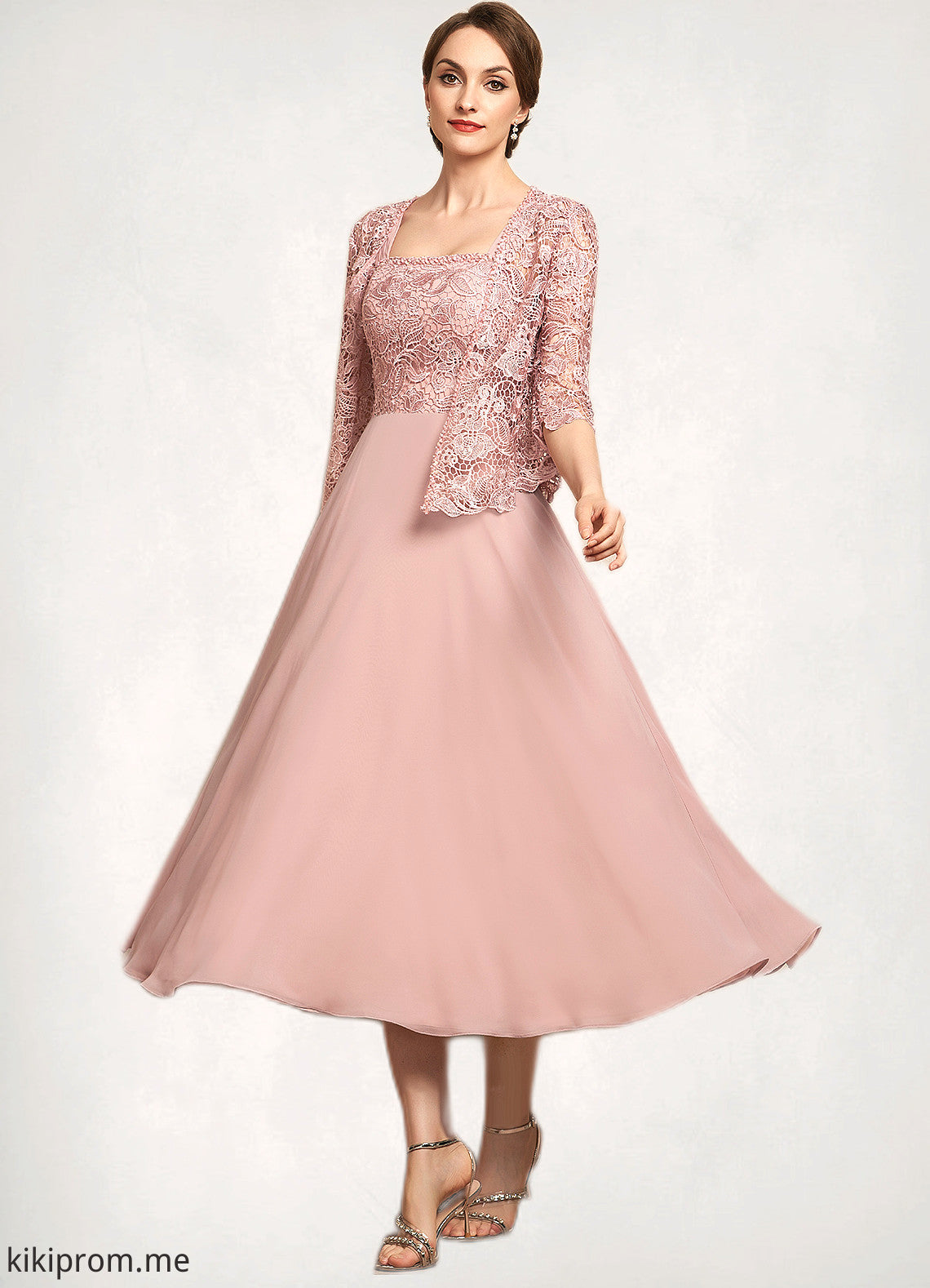 Jaylen A-Line Square Neckline Tea-Length Chiffon Lace Mother of the Bride Dress With Beading Sequins STF126P0014789