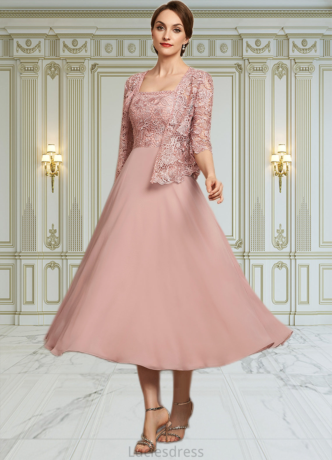 Janiyah A-Line Square Neckline Tea-Length Chiffon Lace Mother of the Bride Dress With Beading Sequins HF126P0014789