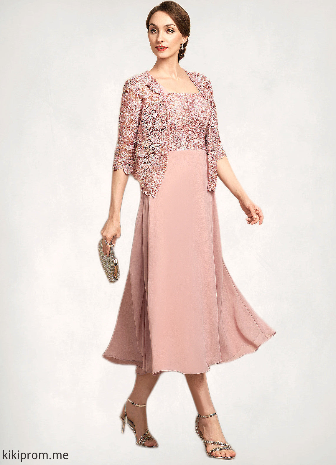 Jaylen A-Line Square Neckline Tea-Length Chiffon Lace Mother of the Bride Dress With Beading Sequins STF126P0014789