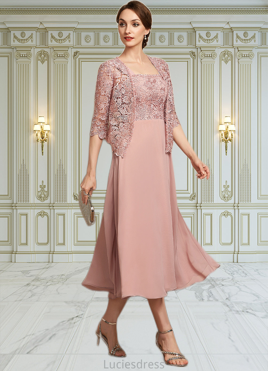 Janiyah A-Line Square Neckline Tea-Length Chiffon Lace Mother of the Bride Dress With Beading Sequins HF126P0014789