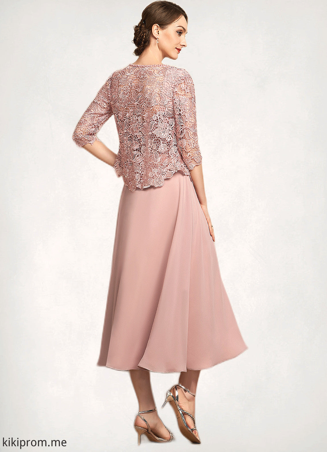 Jaylen A-Line Square Neckline Tea-Length Chiffon Lace Mother of the Bride Dress With Beading Sequins STF126P0014789