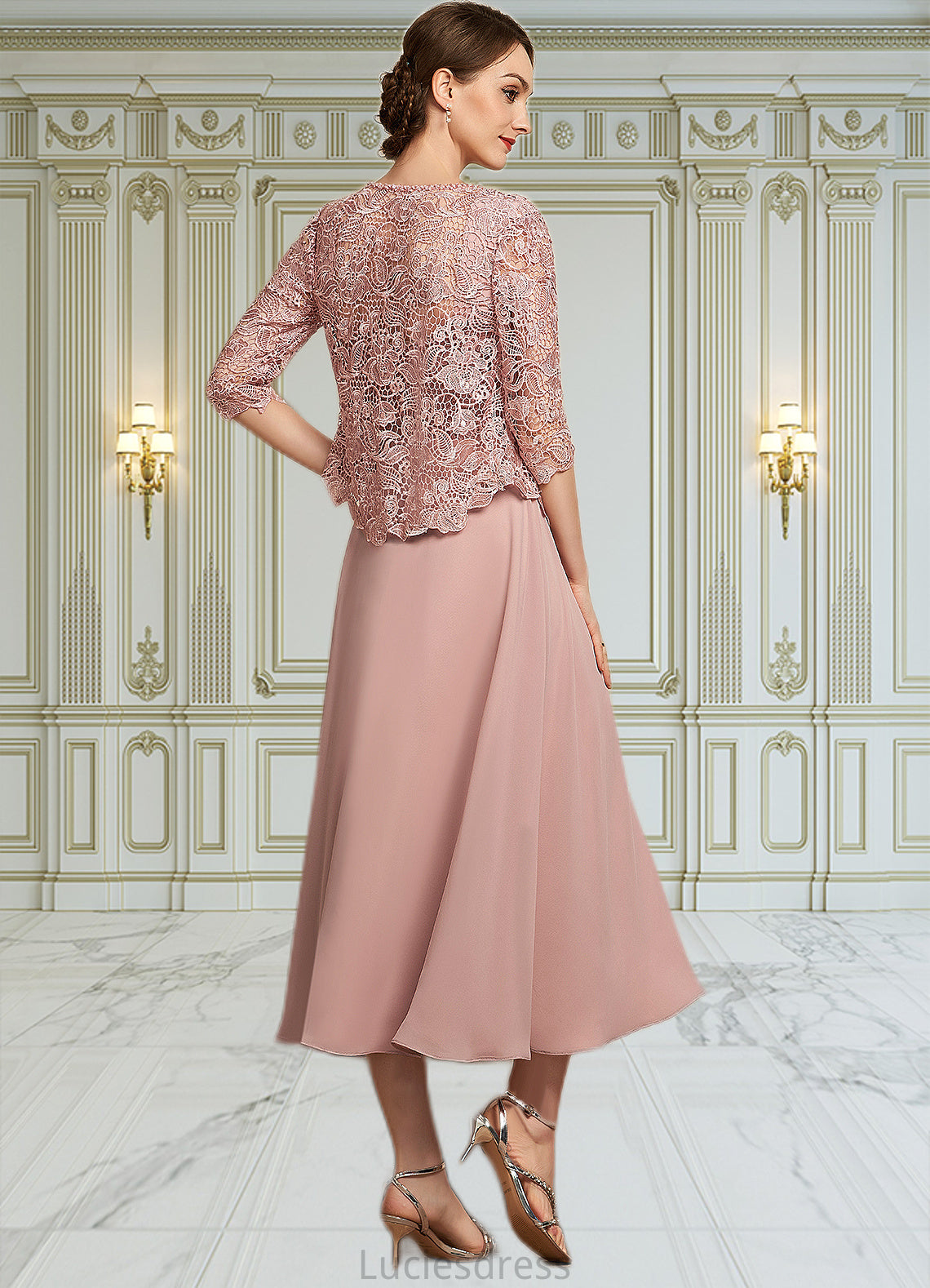 Janiyah A-Line Square Neckline Tea-Length Chiffon Lace Mother of the Bride Dress With Beading Sequins HF126P0014789