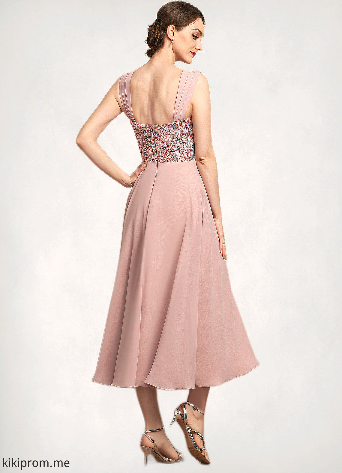 Jaylen A-Line Square Neckline Tea-Length Chiffon Lace Mother of the Bride Dress With Beading Sequins STF126P0014789