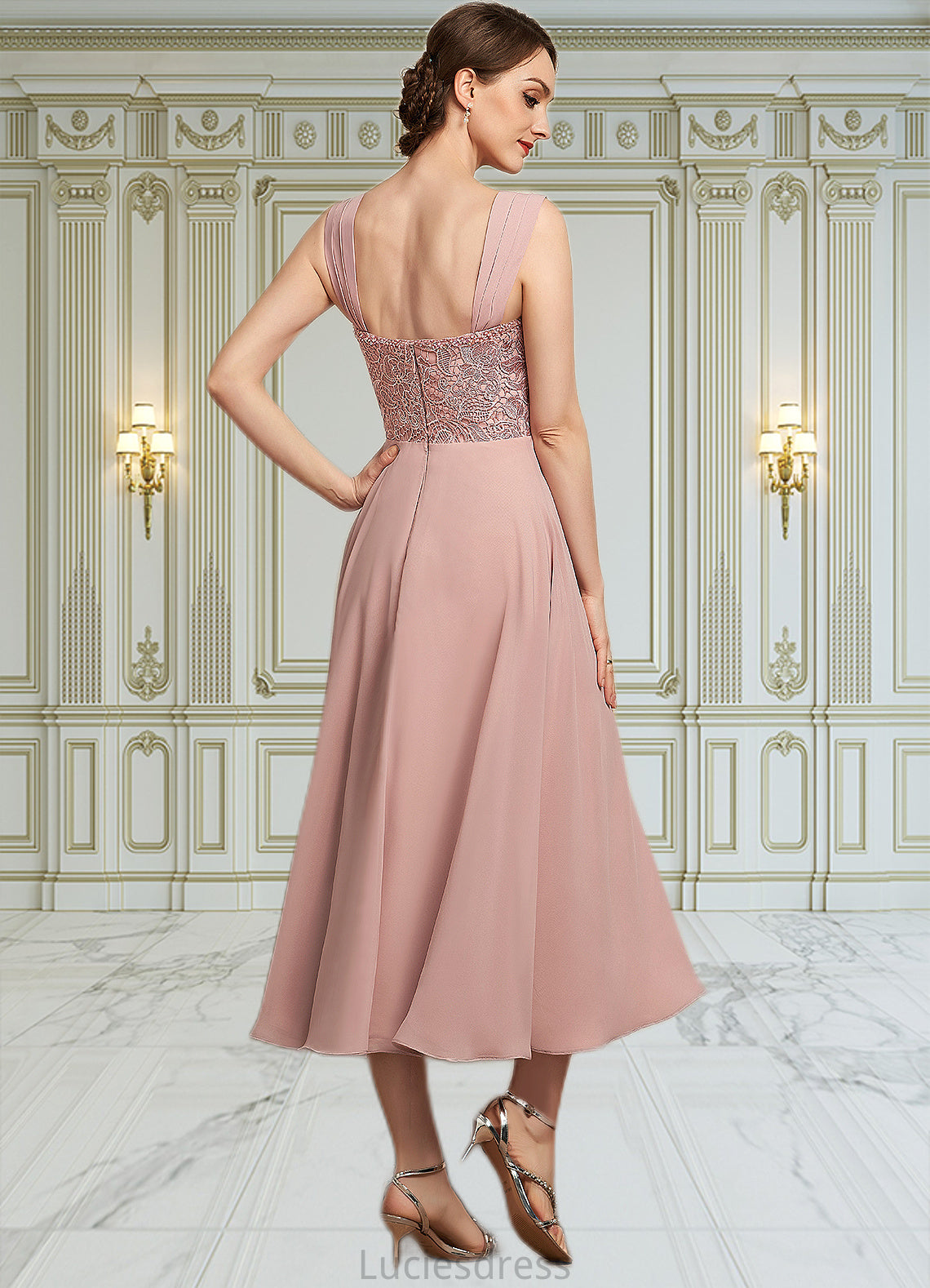 Janiyah A-Line Square Neckline Tea-Length Chiffon Lace Mother of the Bride Dress With Beading Sequins HF126P0014789