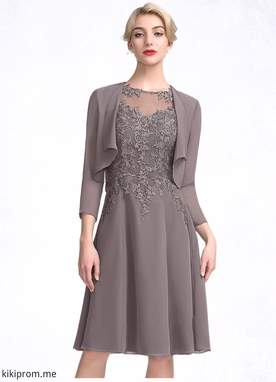 Desirae A-Line Scoop Neck Knee-Length Chiffon Lace Mother of the Bride Dress STF126P0014790