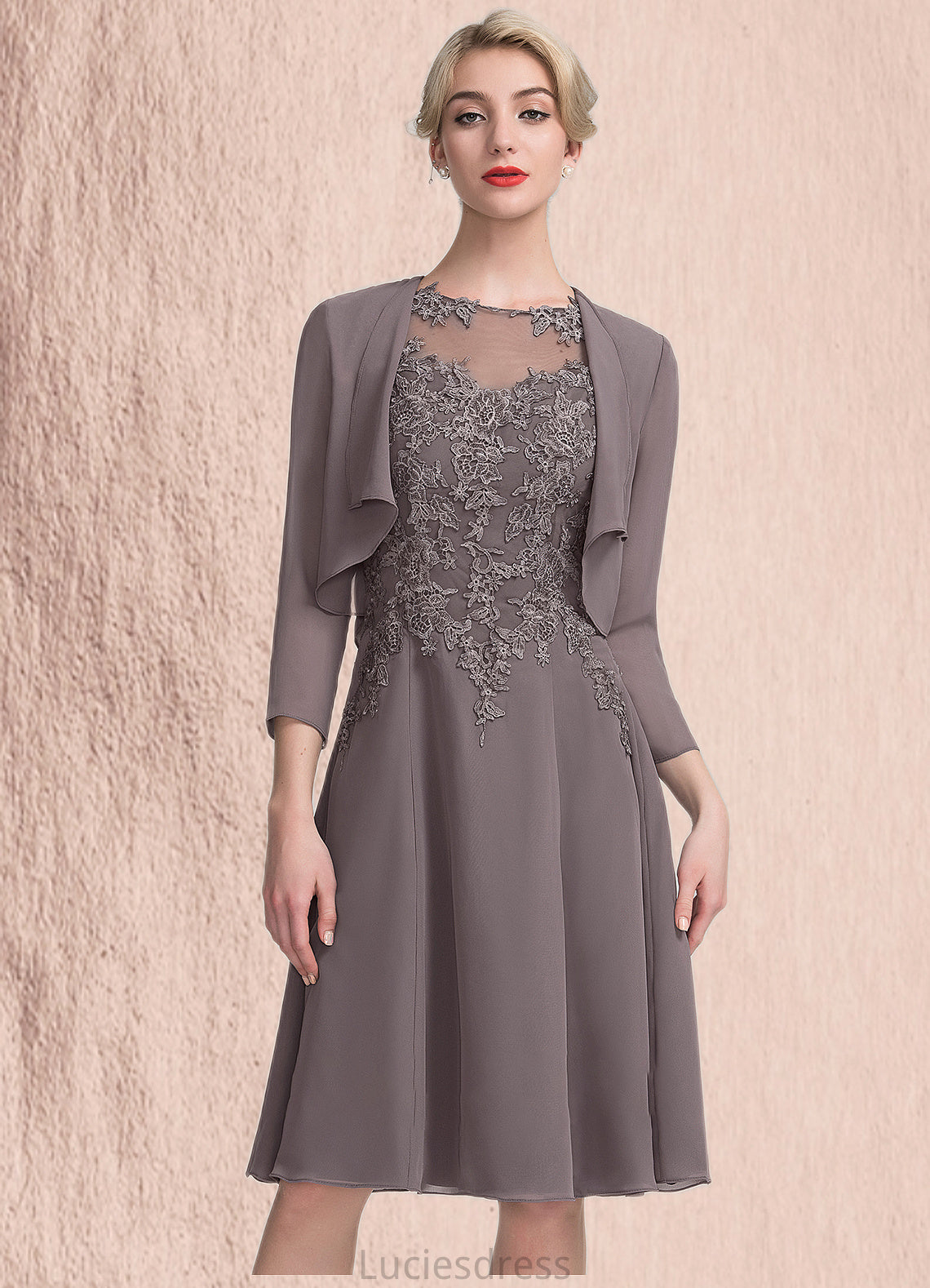 Abigail A-Line Scoop Neck Knee-Length Chiffon Lace Mother of the Bride Dress HF126P0014790