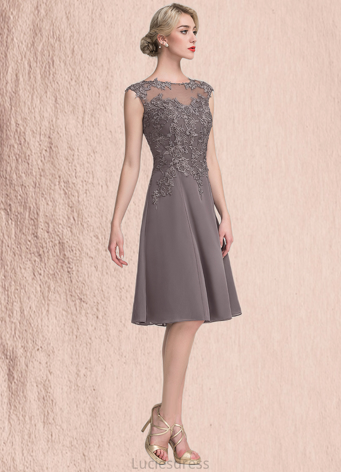 Abigail A-Line Scoop Neck Knee-Length Chiffon Lace Mother of the Bride Dress HF126P0014790