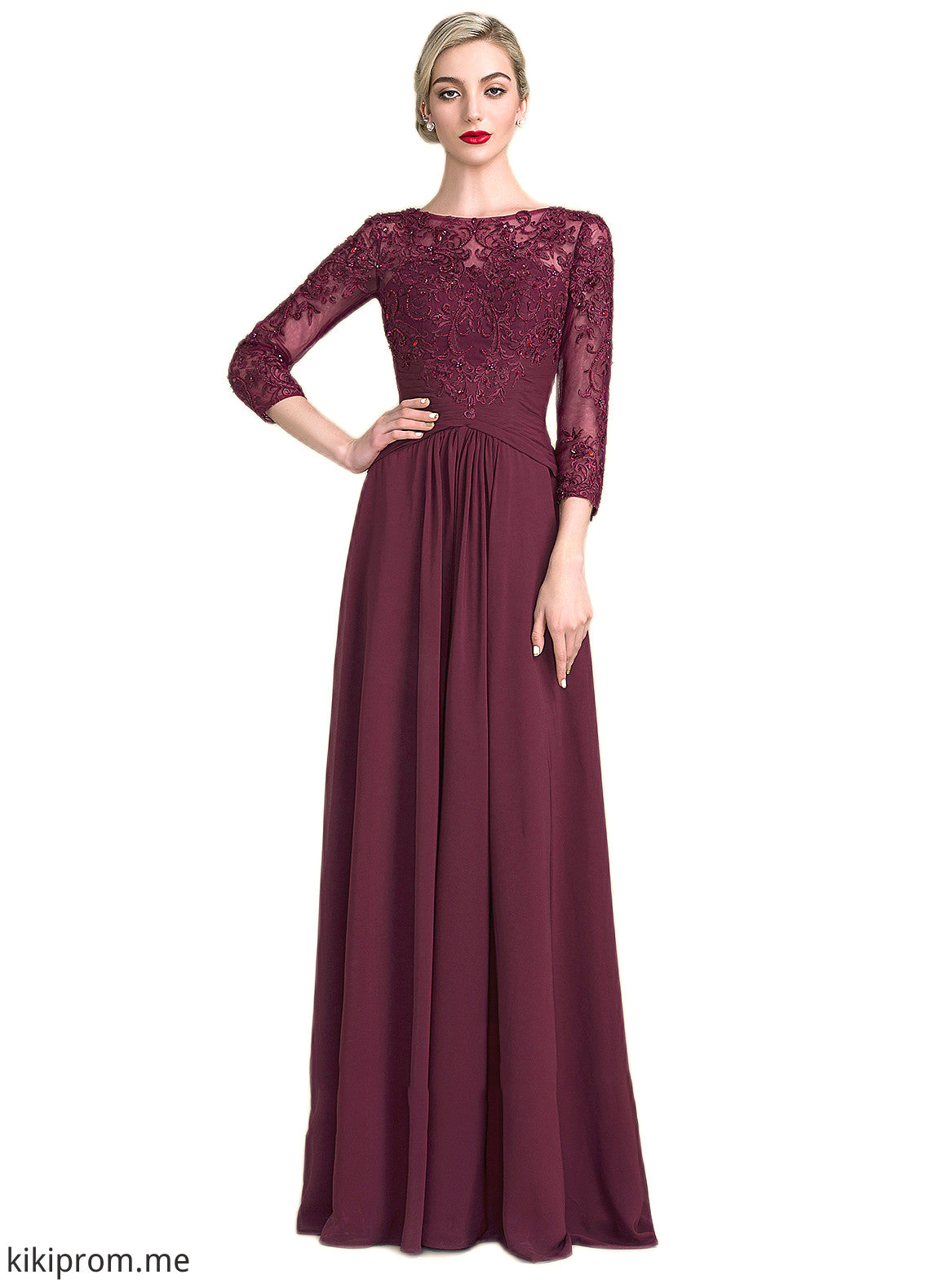 Tiara A-Line Scoop Neck Floor-Length Chiffon Lace Mother of the Bride Dress With Ruffle Beading Sequins STF126P0014792