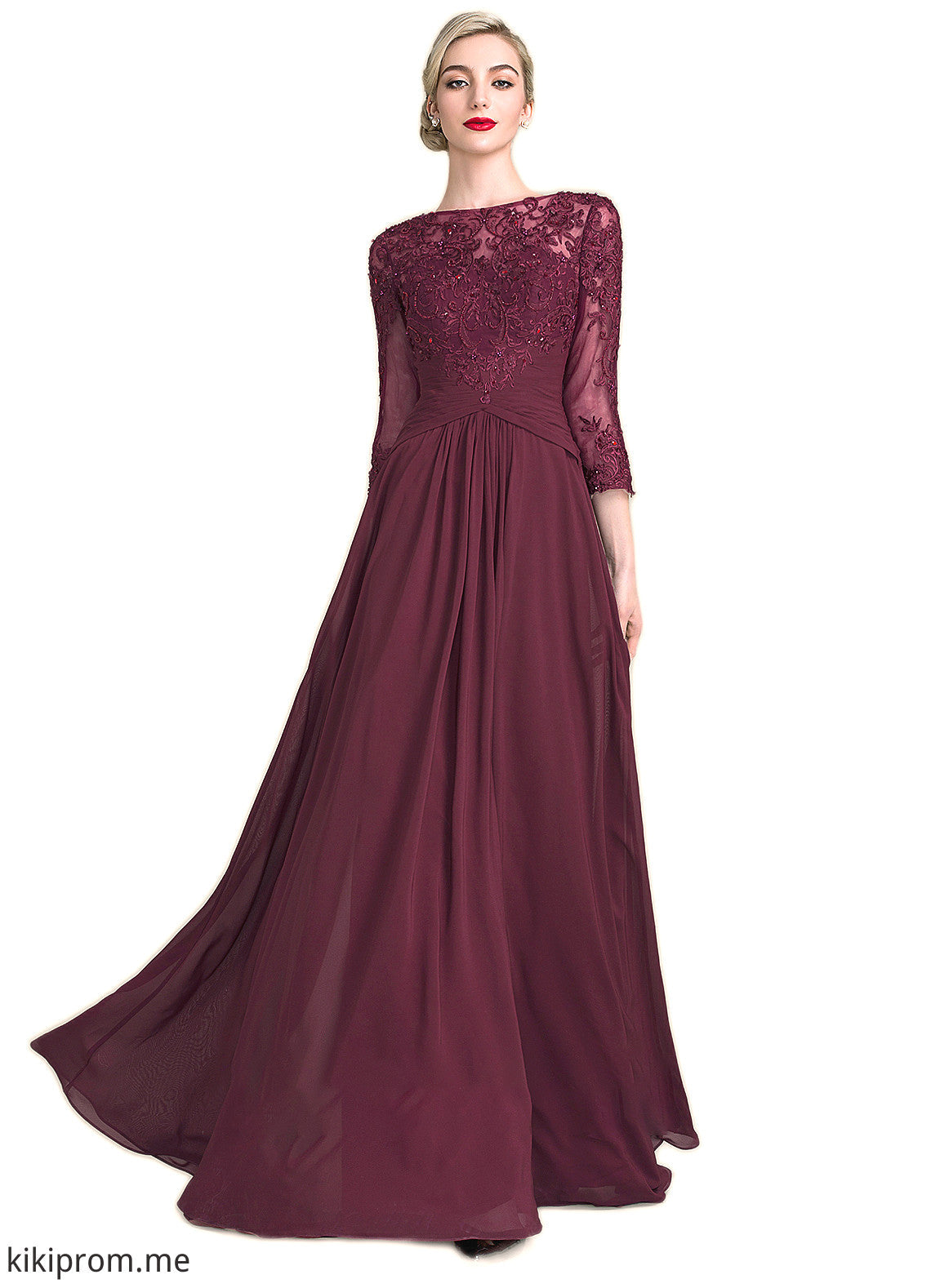 Tiara A-Line Scoop Neck Floor-Length Chiffon Lace Mother of the Bride Dress With Ruffle Beading Sequins STF126P0014792