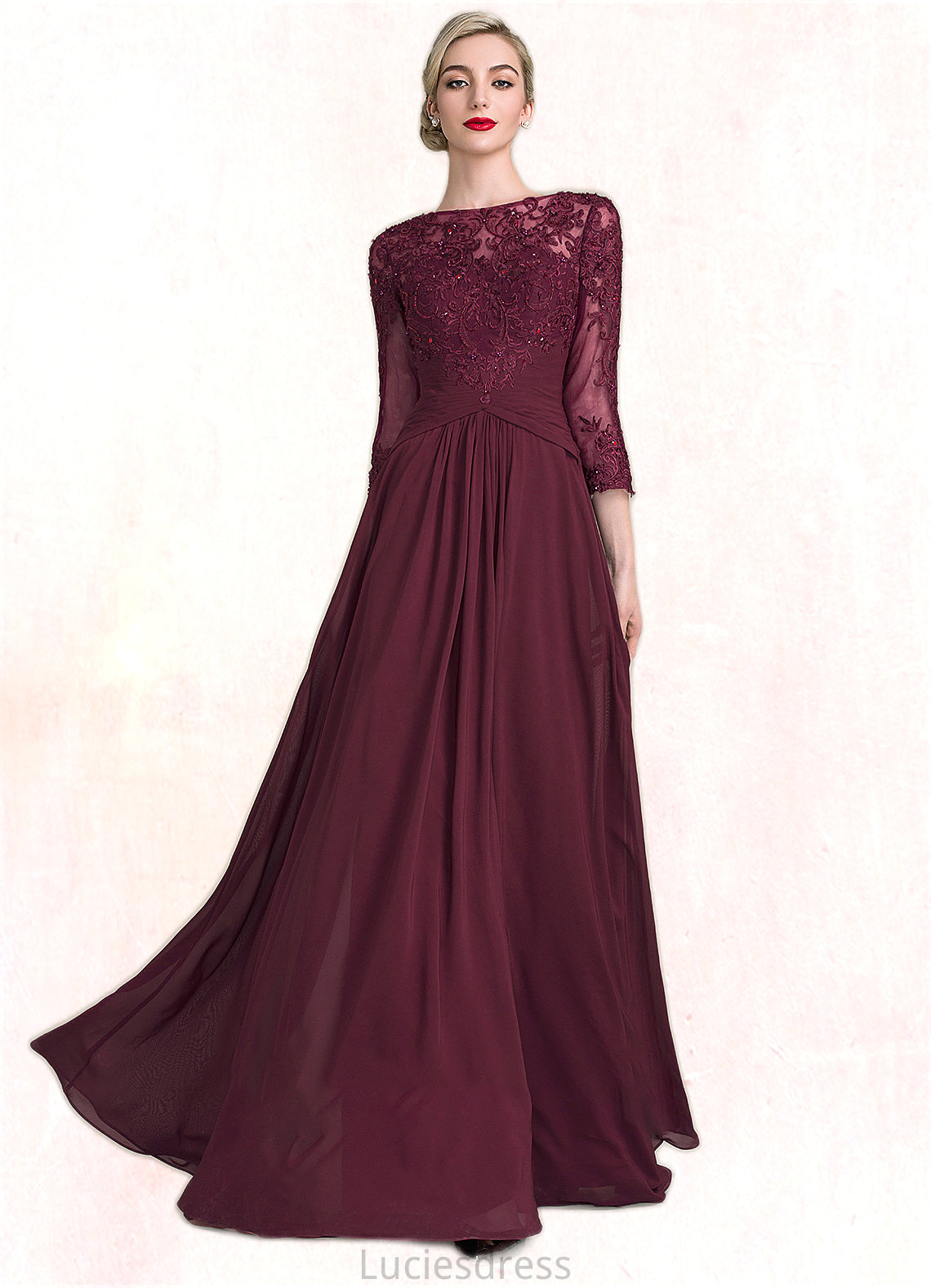 Penelope A-Line Scoop Neck Floor-Length Chiffon Lace Mother of the Bride Dress With Ruffle Beading Sequins HF126P0014792