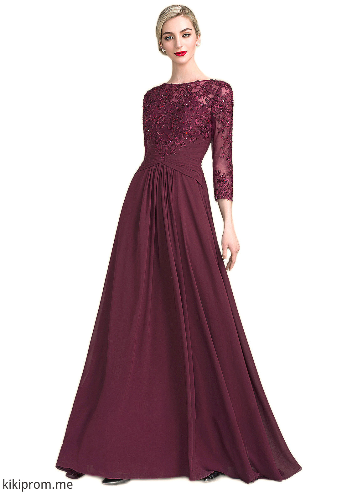 Tiara A-Line Scoop Neck Floor-Length Chiffon Lace Mother of the Bride Dress With Ruffle Beading Sequins STF126P0014792