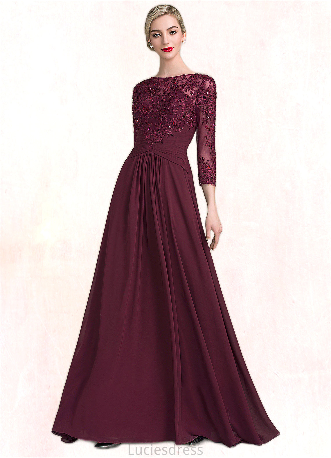 Penelope A-Line Scoop Neck Floor-Length Chiffon Lace Mother of the Bride Dress With Ruffle Beading Sequins HF126P0014792