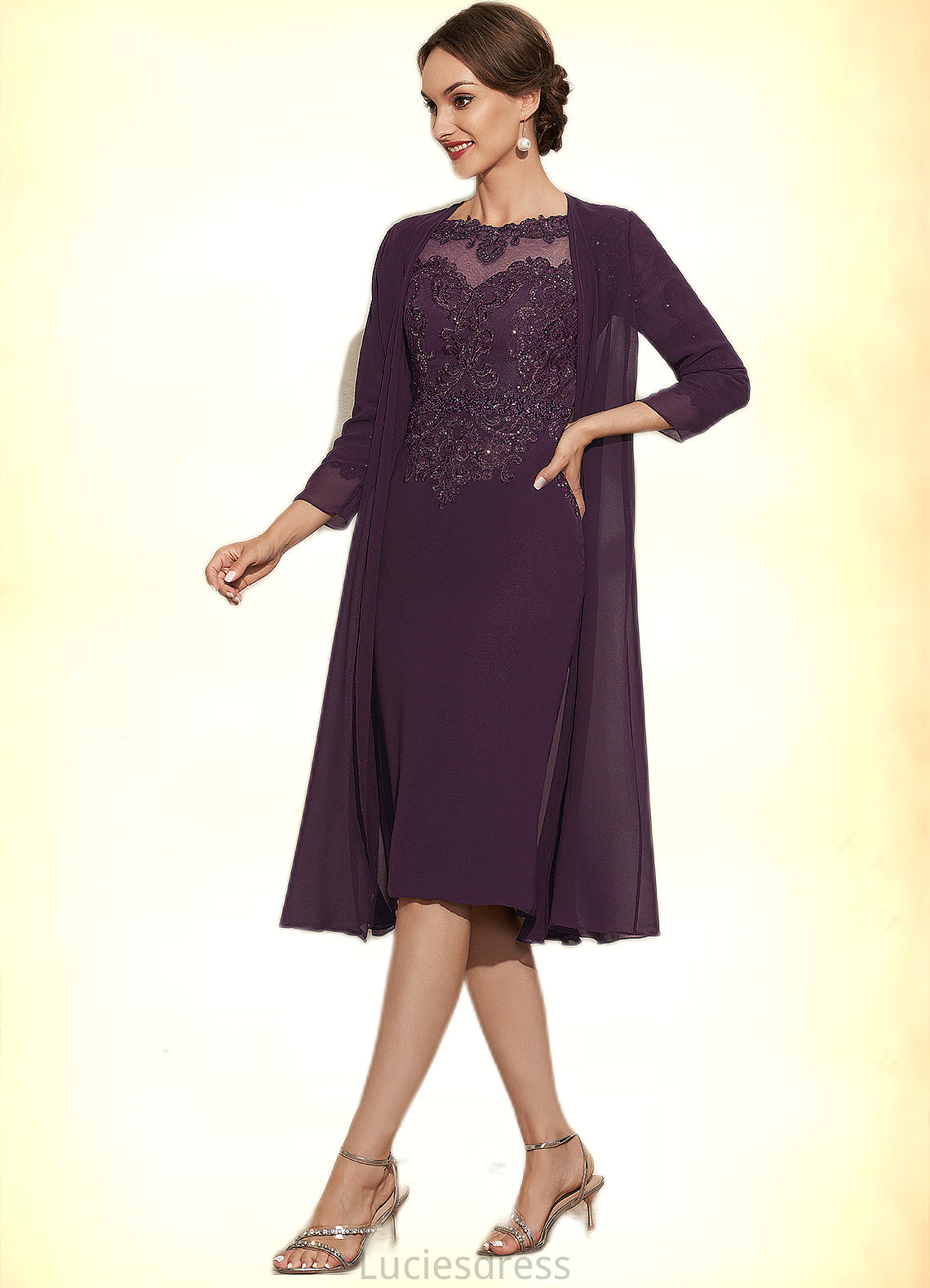 Jayda Sheath/Column Scoop Neck Knee-Length Chiffon Lace Mother of the Bride Dress With Beading HF126P0014794