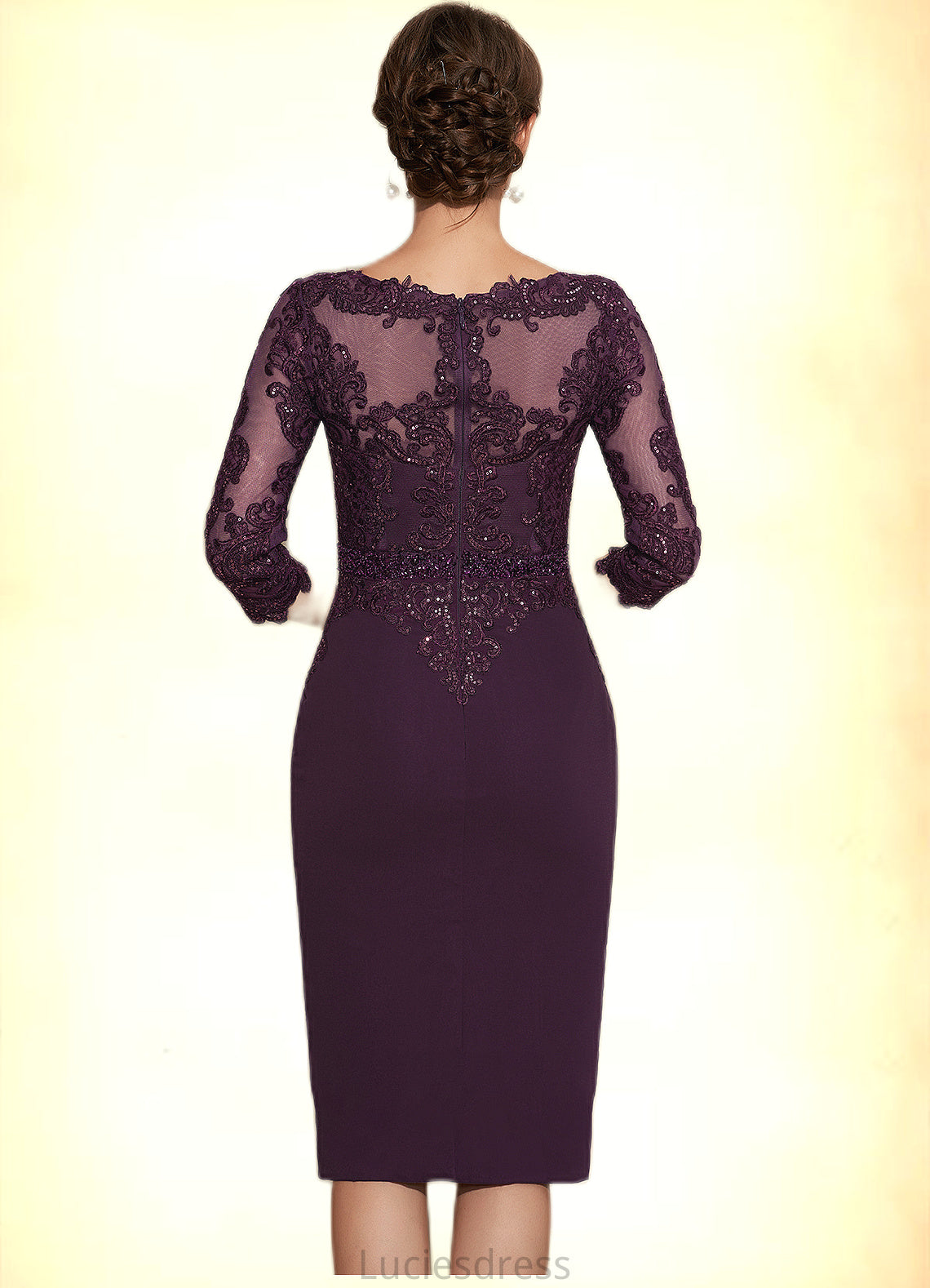 Jayda Sheath/Column Scoop Neck Knee-Length Chiffon Lace Mother of the Bride Dress With Beading HF126P0014794