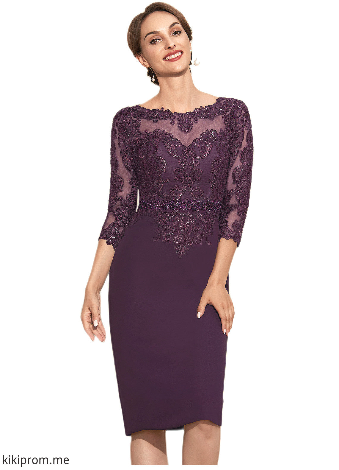 Victoria Sheath/Column Scoop Neck Knee-Length Chiffon Lace Mother of the Bride Dress With Beading STF126P0014794