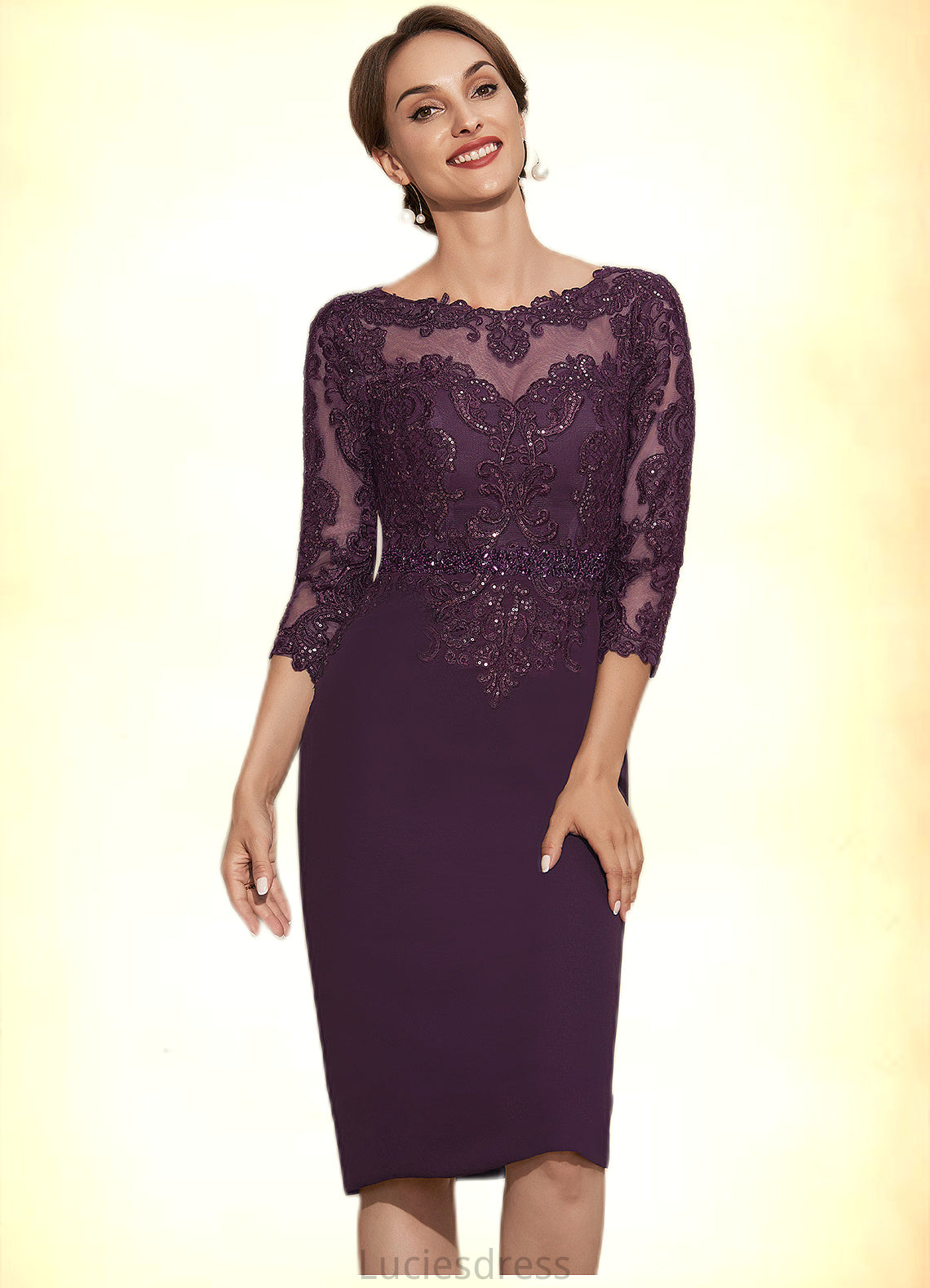 Jayda Sheath/Column Scoop Neck Knee-Length Chiffon Lace Mother of the Bride Dress With Beading HF126P0014794