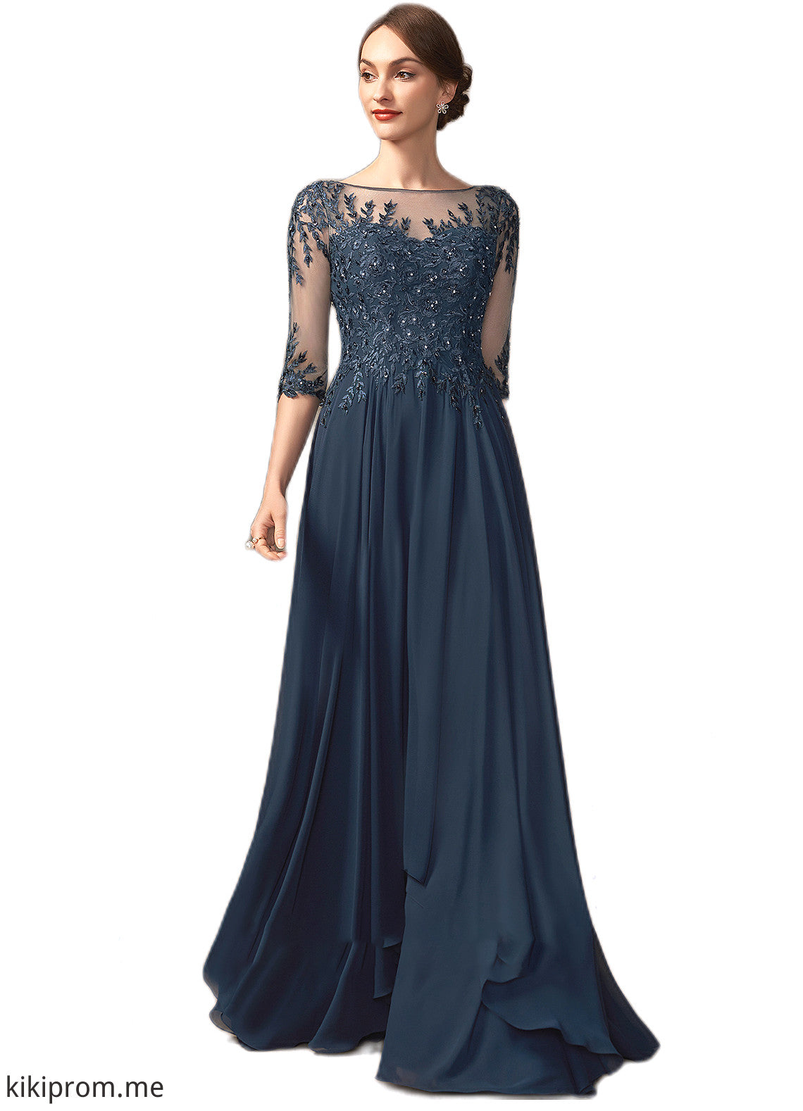 Amelia A-Line Scoop Neck Floor-Length Chiffon Lace Mother of the Bride Dress With Beading Sequins STF126P0014795