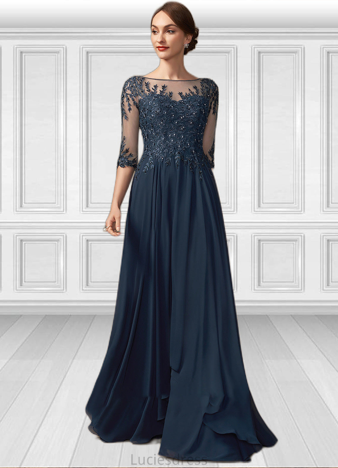 Melissa A-Line Scoop Neck Floor-Length Chiffon Lace Mother of the Bride Dress With Beading Sequins HF126P0014795