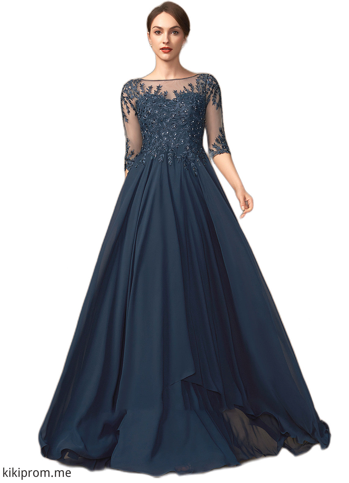 Amelia A-Line Scoop Neck Floor-Length Chiffon Lace Mother of the Bride Dress With Beading Sequins STF126P0014795