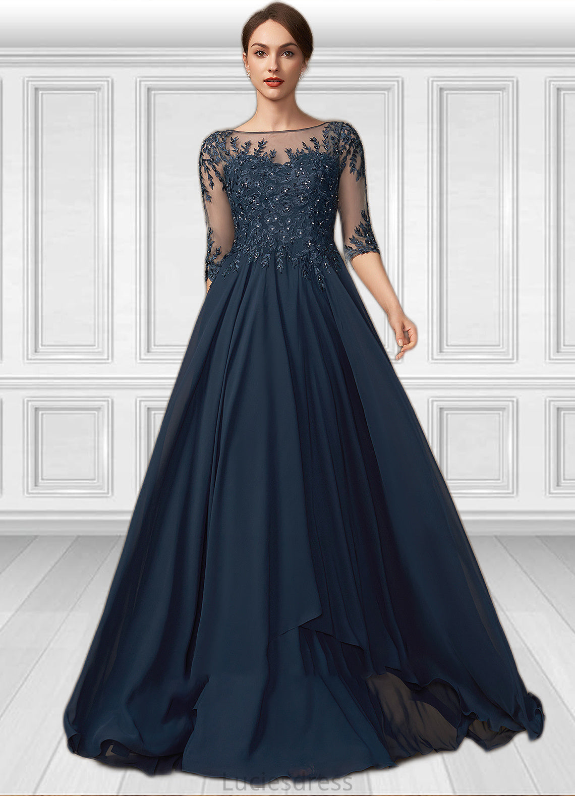 Melissa A-Line Scoop Neck Floor-Length Chiffon Lace Mother of the Bride Dress With Beading Sequins HF126P0014795