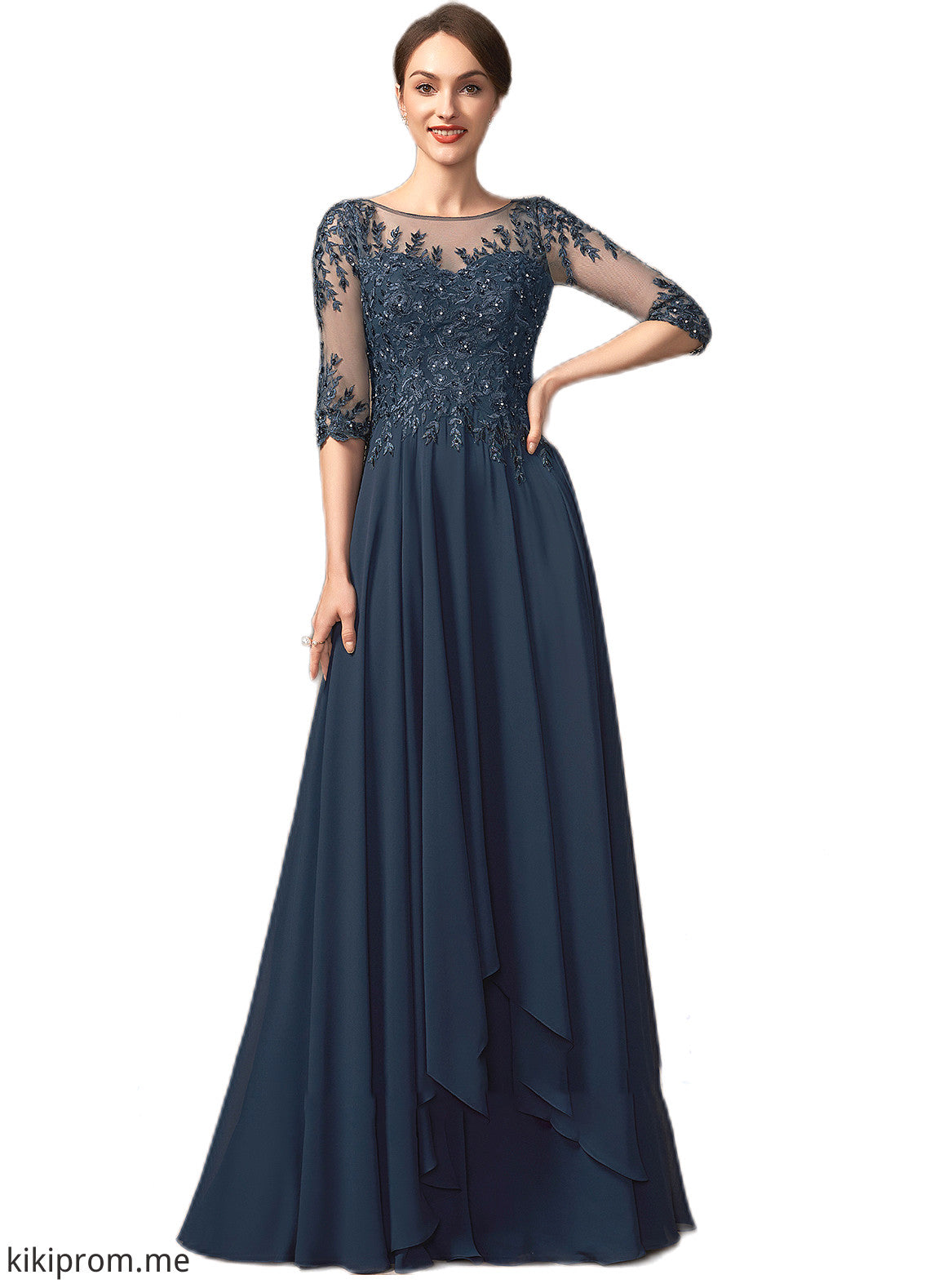 Amelia A-Line Scoop Neck Floor-Length Chiffon Lace Mother of the Bride Dress With Beading Sequins STF126P0014795