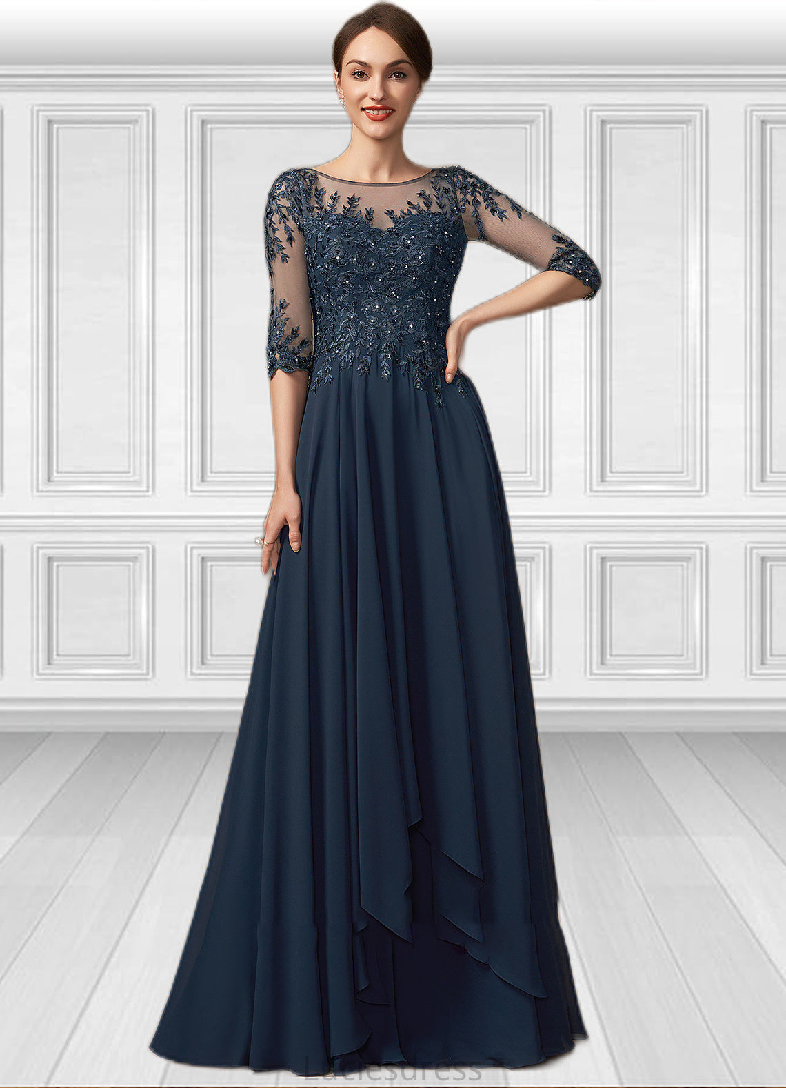 Melissa A-Line Scoop Neck Floor-Length Chiffon Lace Mother of the Bride Dress With Beading Sequins HF126P0014795