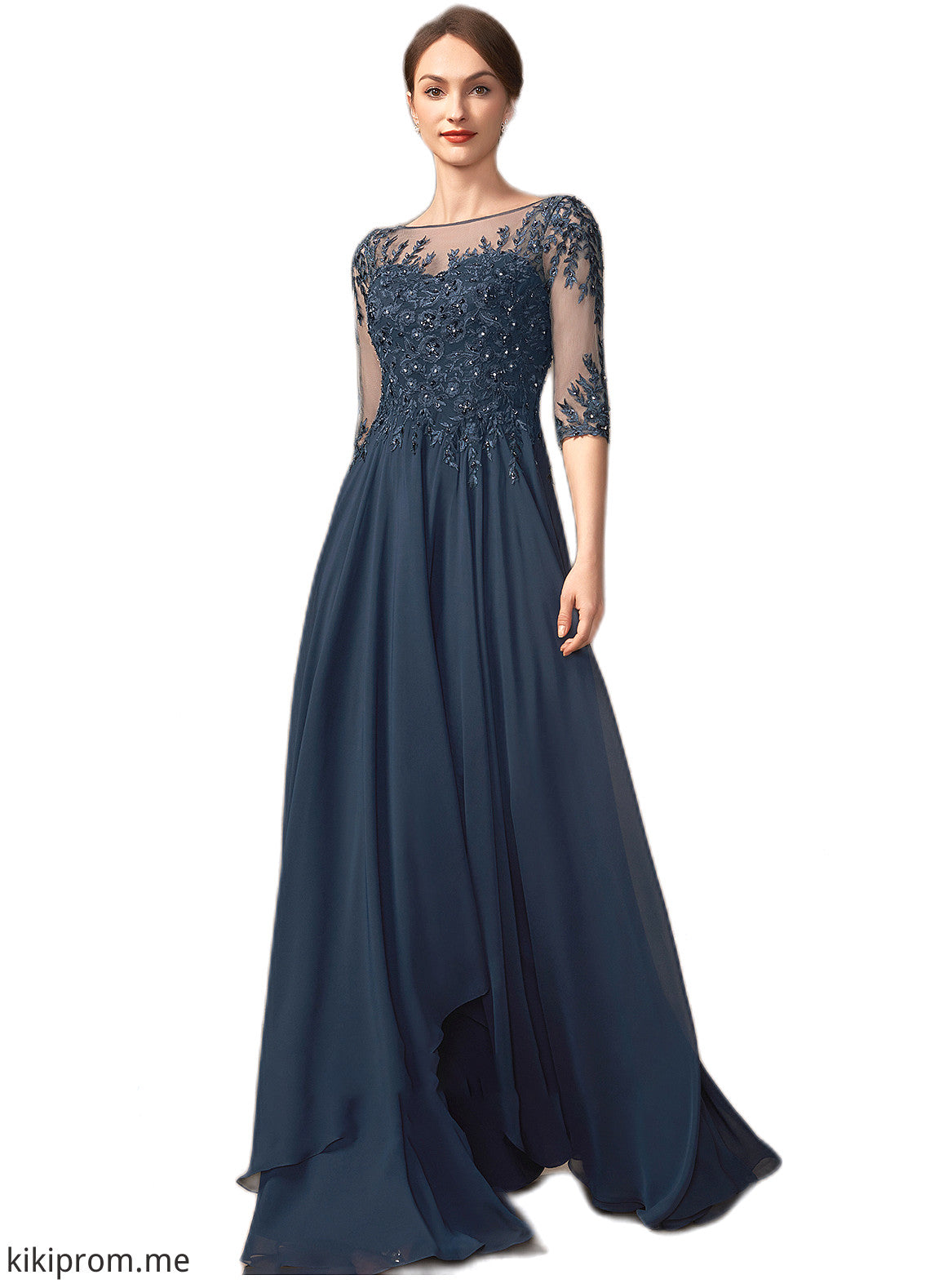 Amelia A-Line Scoop Neck Floor-Length Chiffon Lace Mother of the Bride Dress With Beading Sequins STF126P0014795