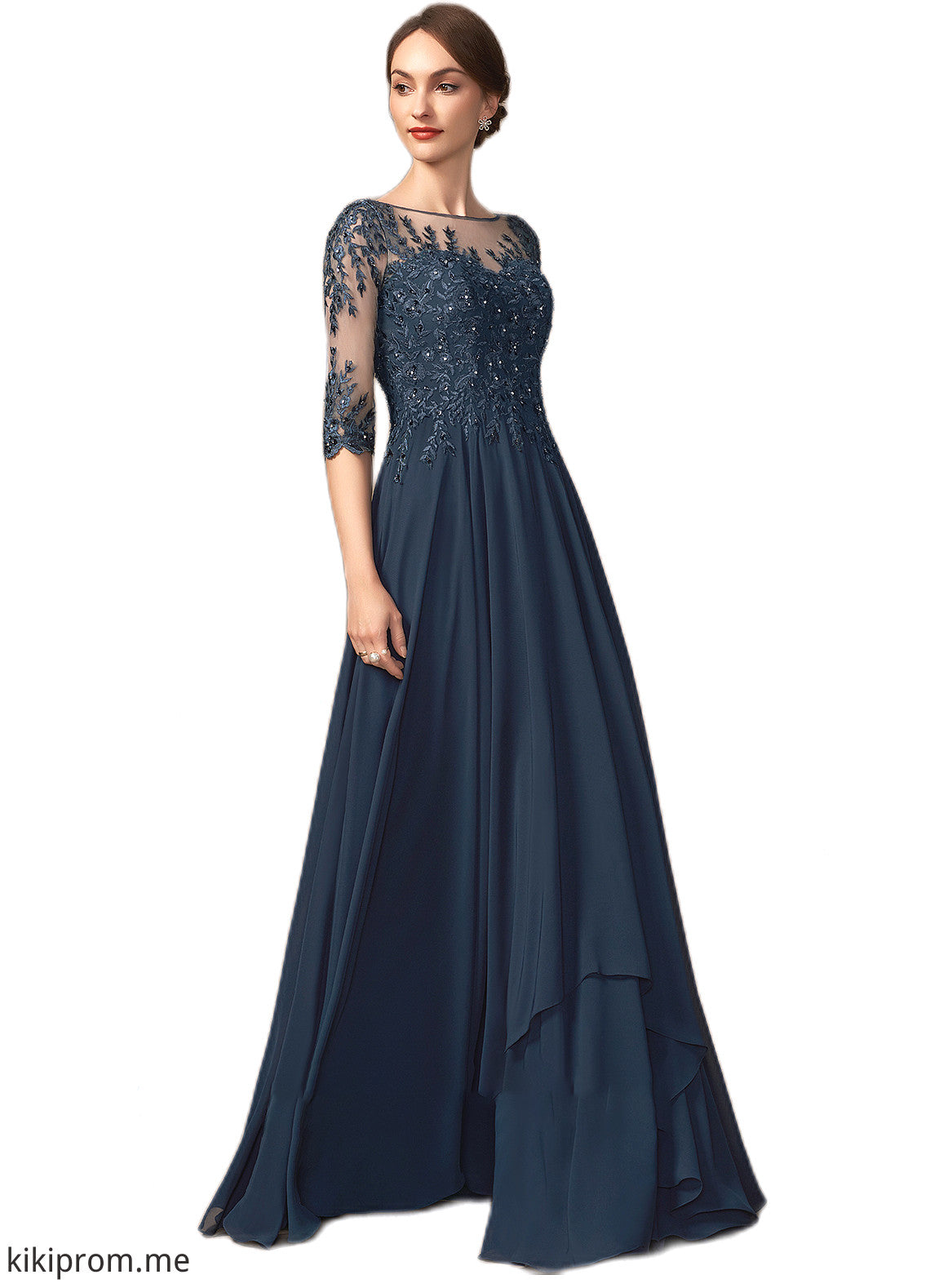 Amelia A-Line Scoop Neck Floor-Length Chiffon Lace Mother of the Bride Dress With Beading Sequins STF126P0014795