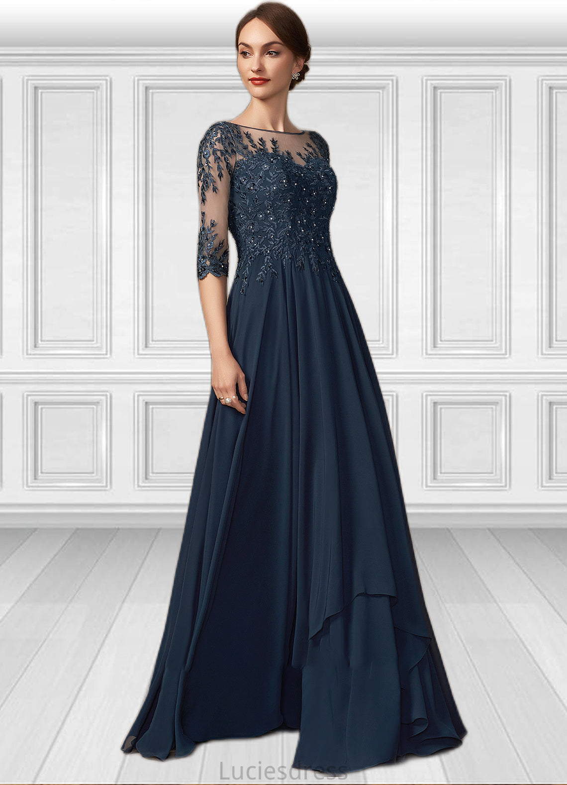 Melissa A-Line Scoop Neck Floor-Length Chiffon Lace Mother of the Bride Dress With Beading Sequins HF126P0014795