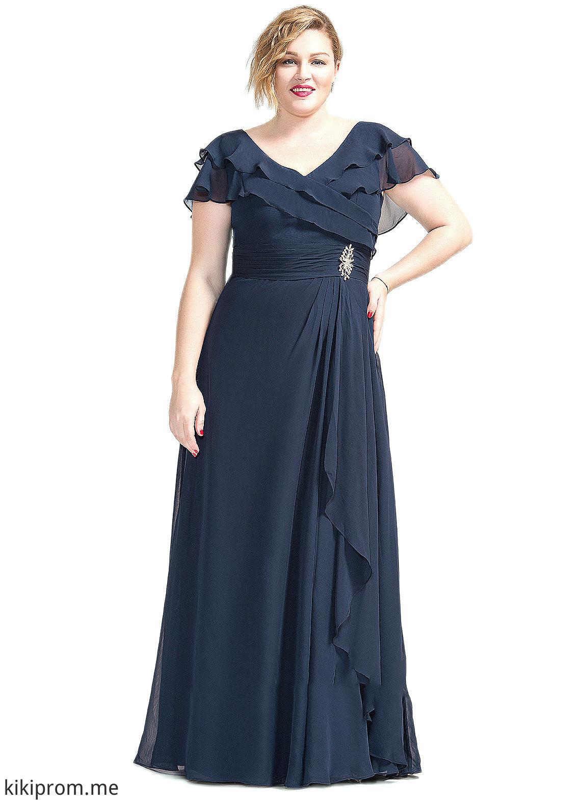 Samara A-Line V-neck Floor-Length Chiffon Mother of the Bride Dress With Crystal Brooch Cascading Ruffles STF126P0014796