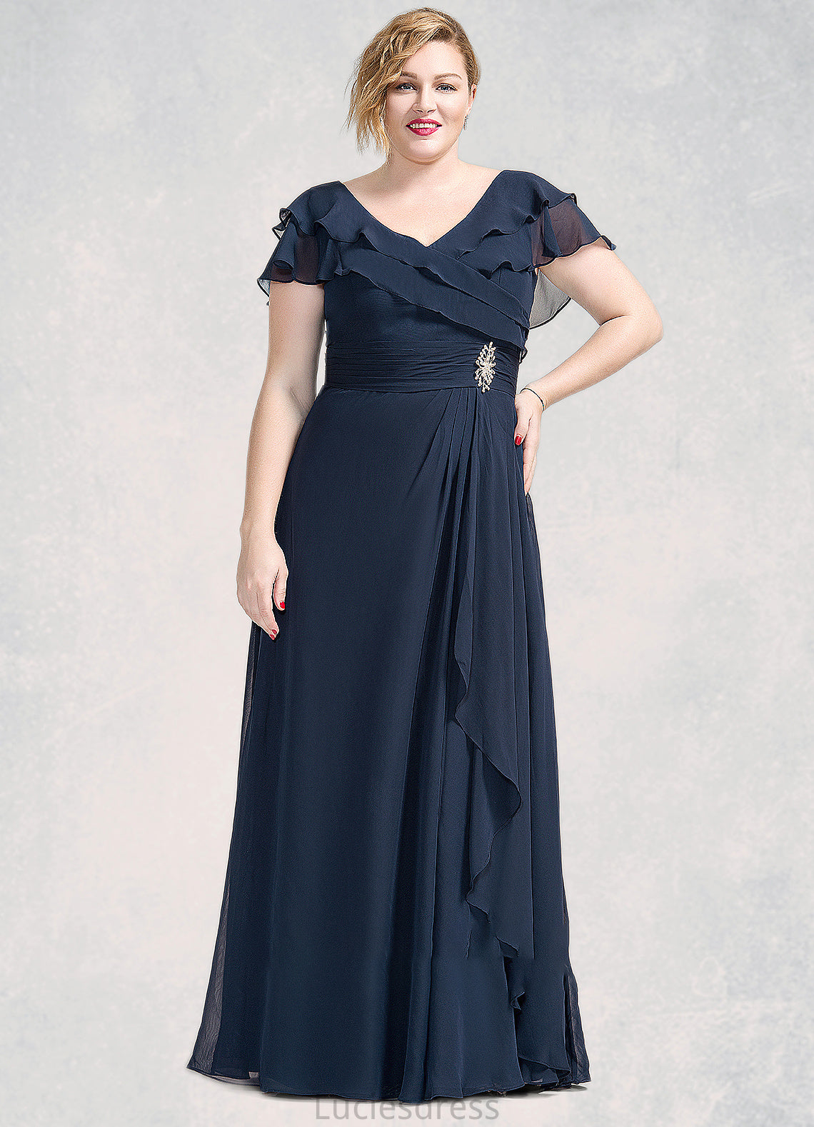 Amelie A-Line V-neck Floor-Length Chiffon Mother of the Bride Dress With Crystal Brooch Cascading Ruffles HF126P0014796