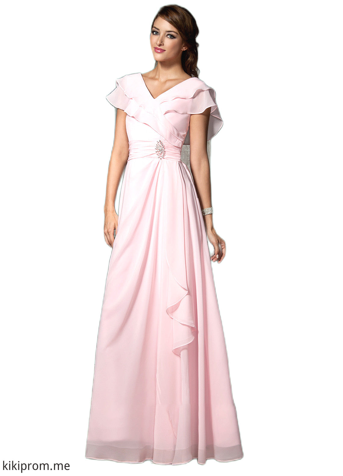 Samara A-Line V-neck Floor-Length Chiffon Mother of the Bride Dress With Crystal Brooch Cascading Ruffles STF126P0014796