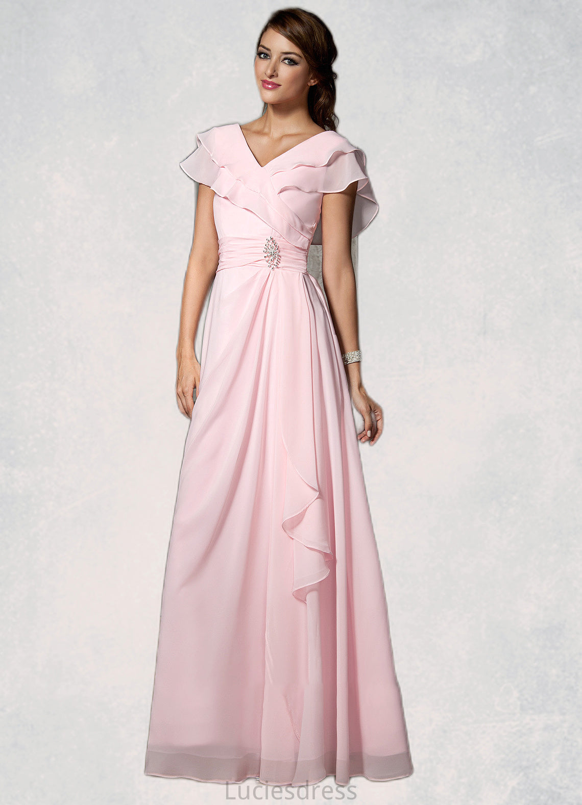 Amelie A-Line V-neck Floor-Length Chiffon Mother of the Bride Dress With Crystal Brooch Cascading Ruffles HF126P0014796