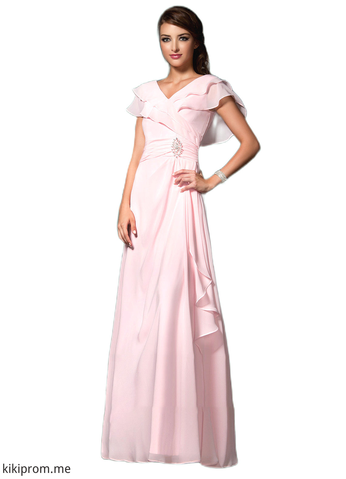 Samara A-Line V-neck Floor-Length Chiffon Mother of the Bride Dress With Crystal Brooch Cascading Ruffles STF126P0014796