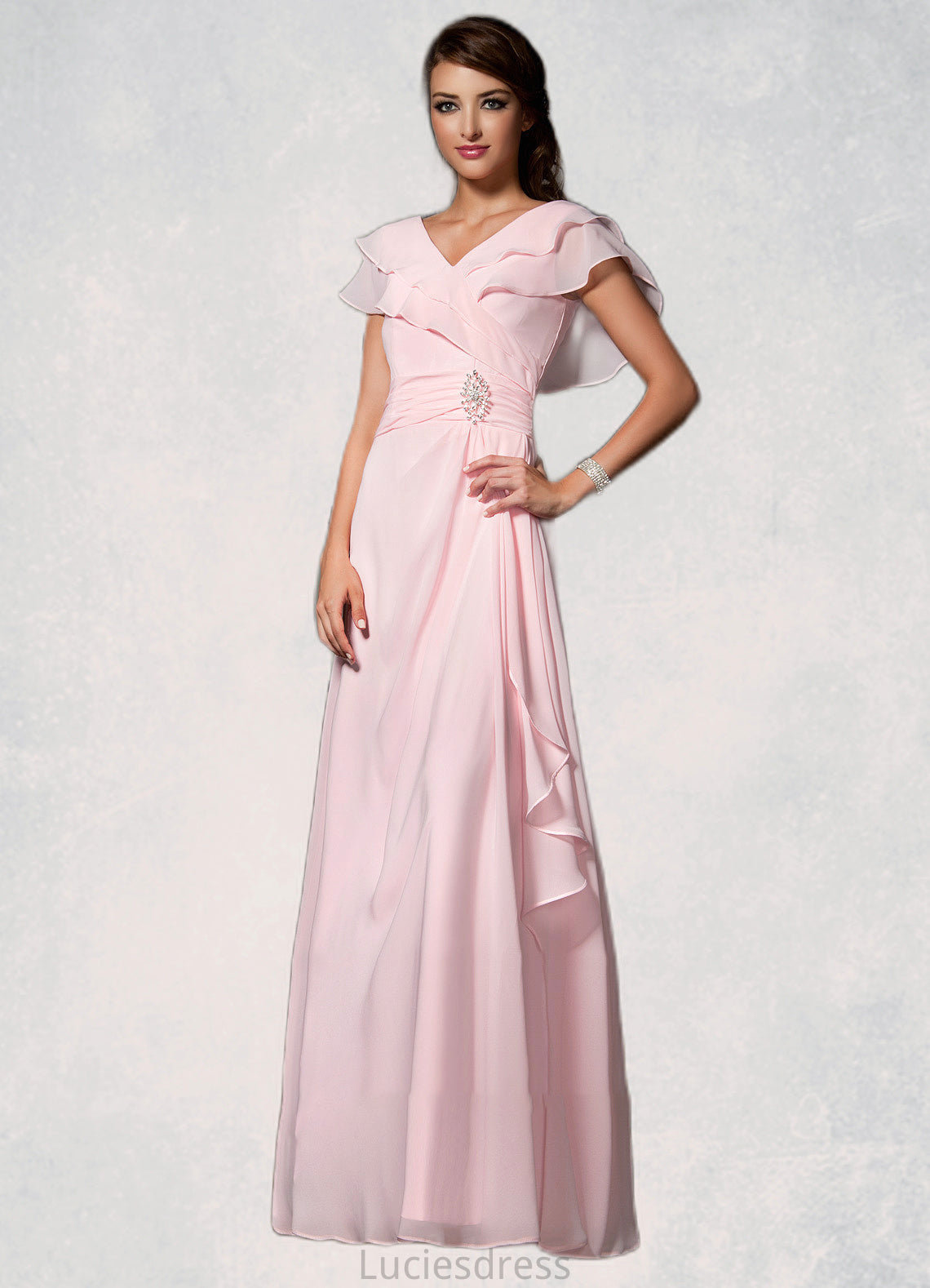 Amelie A-Line V-neck Floor-Length Chiffon Mother of the Bride Dress With Crystal Brooch Cascading Ruffles HF126P0014796