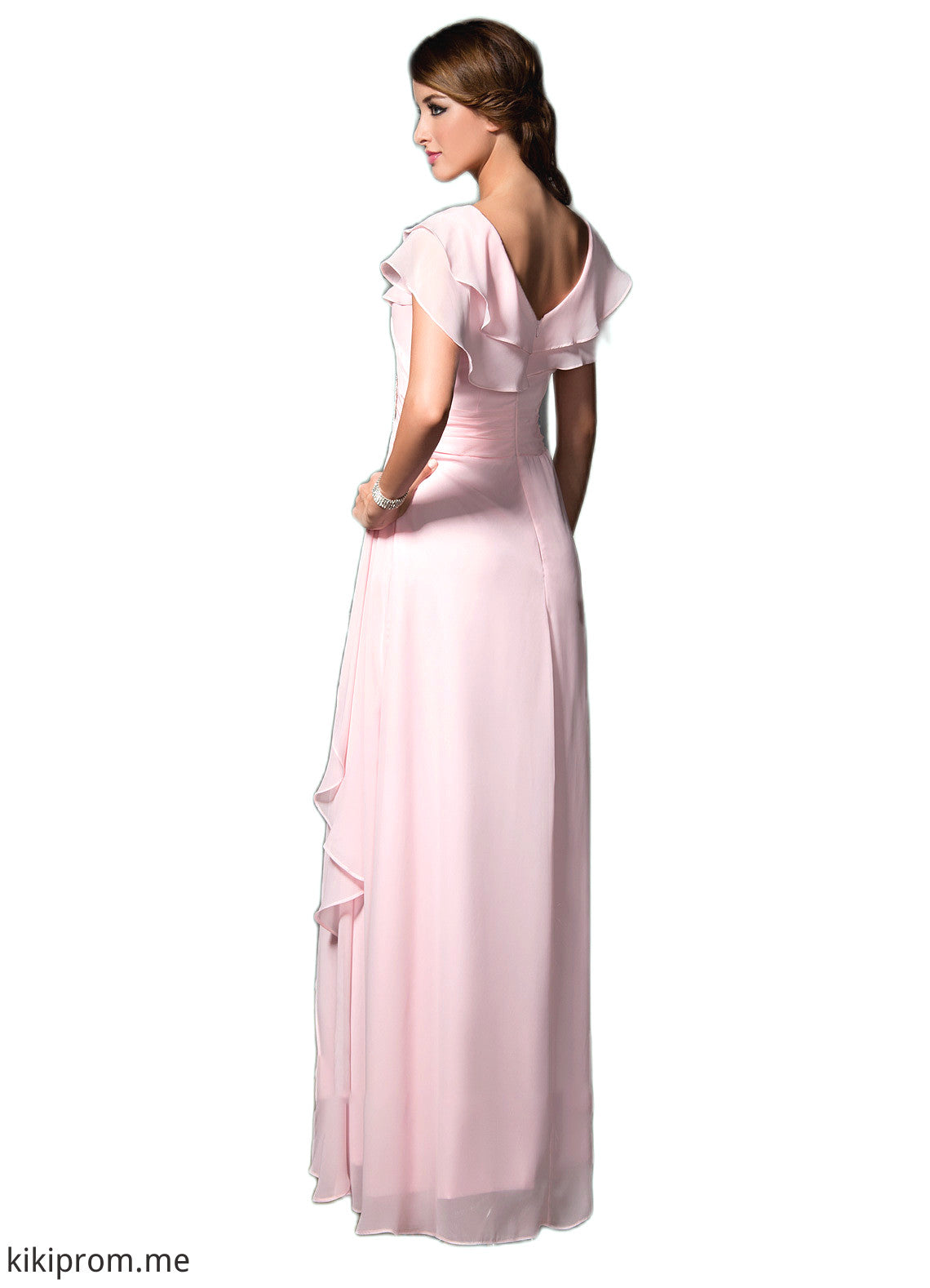 Samara A-Line V-neck Floor-Length Chiffon Mother of the Bride Dress With Crystal Brooch Cascading Ruffles STF126P0014796