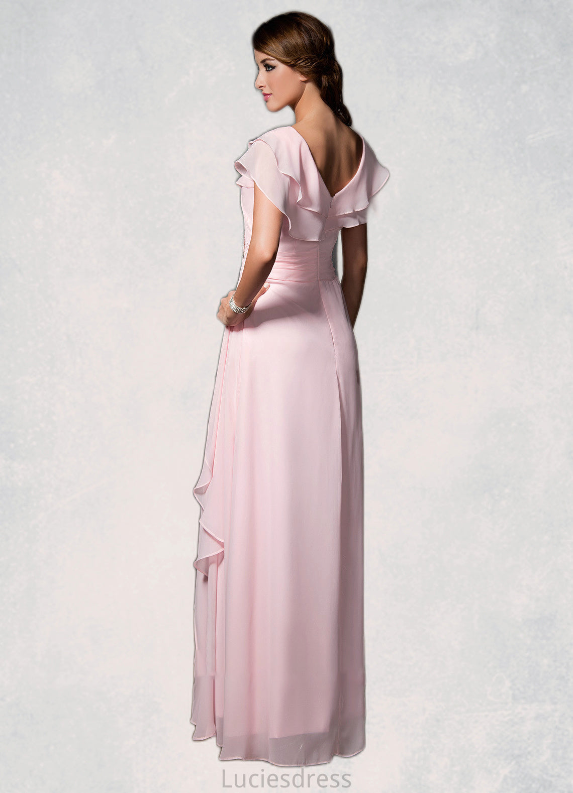 Amelie A-Line V-neck Floor-Length Chiffon Mother of the Bride Dress With Crystal Brooch Cascading Ruffles HF126P0014796