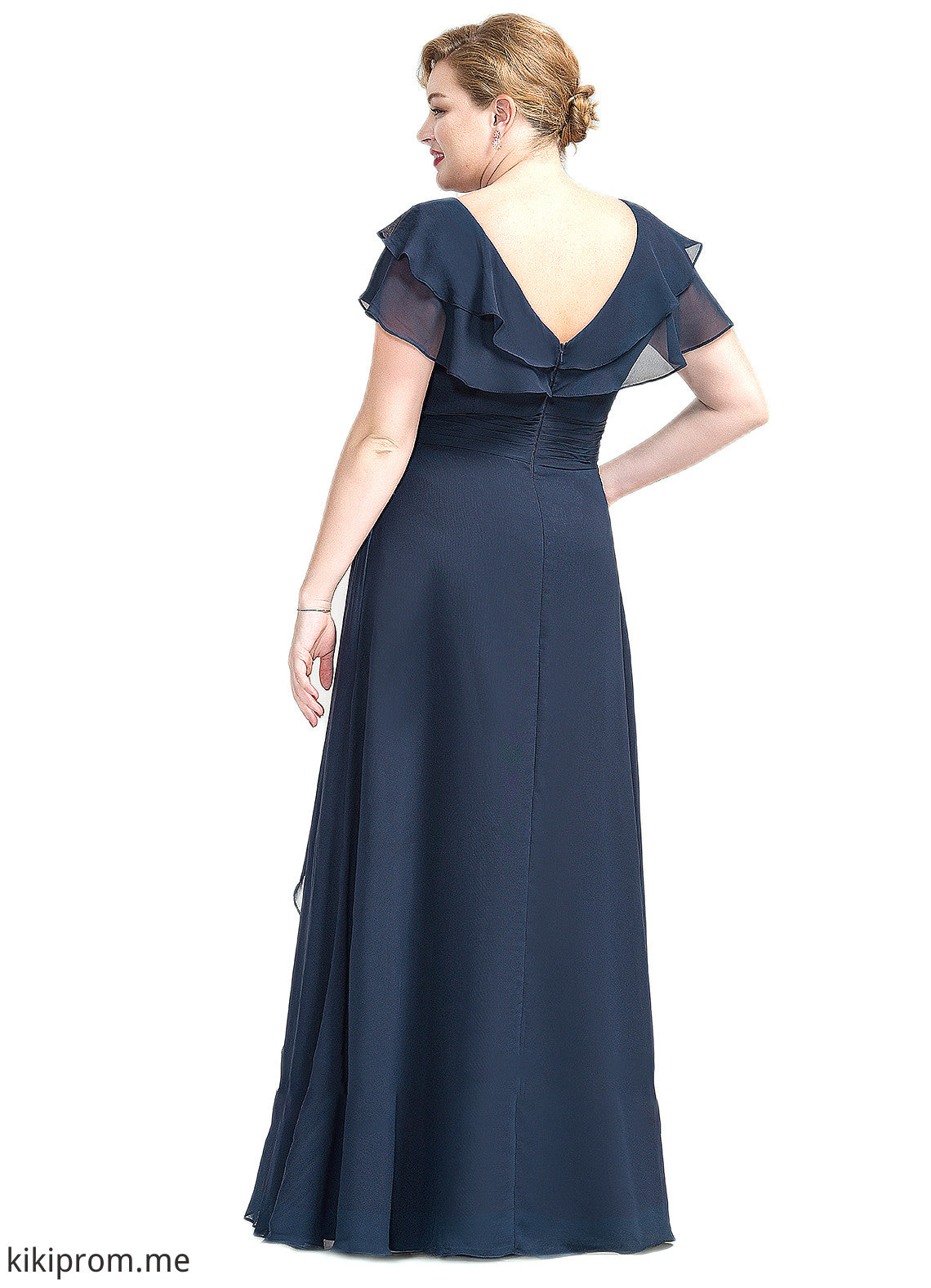 Samara A-Line V-neck Floor-Length Chiffon Mother of the Bride Dress With Crystal Brooch Cascading Ruffles STF126P0014796