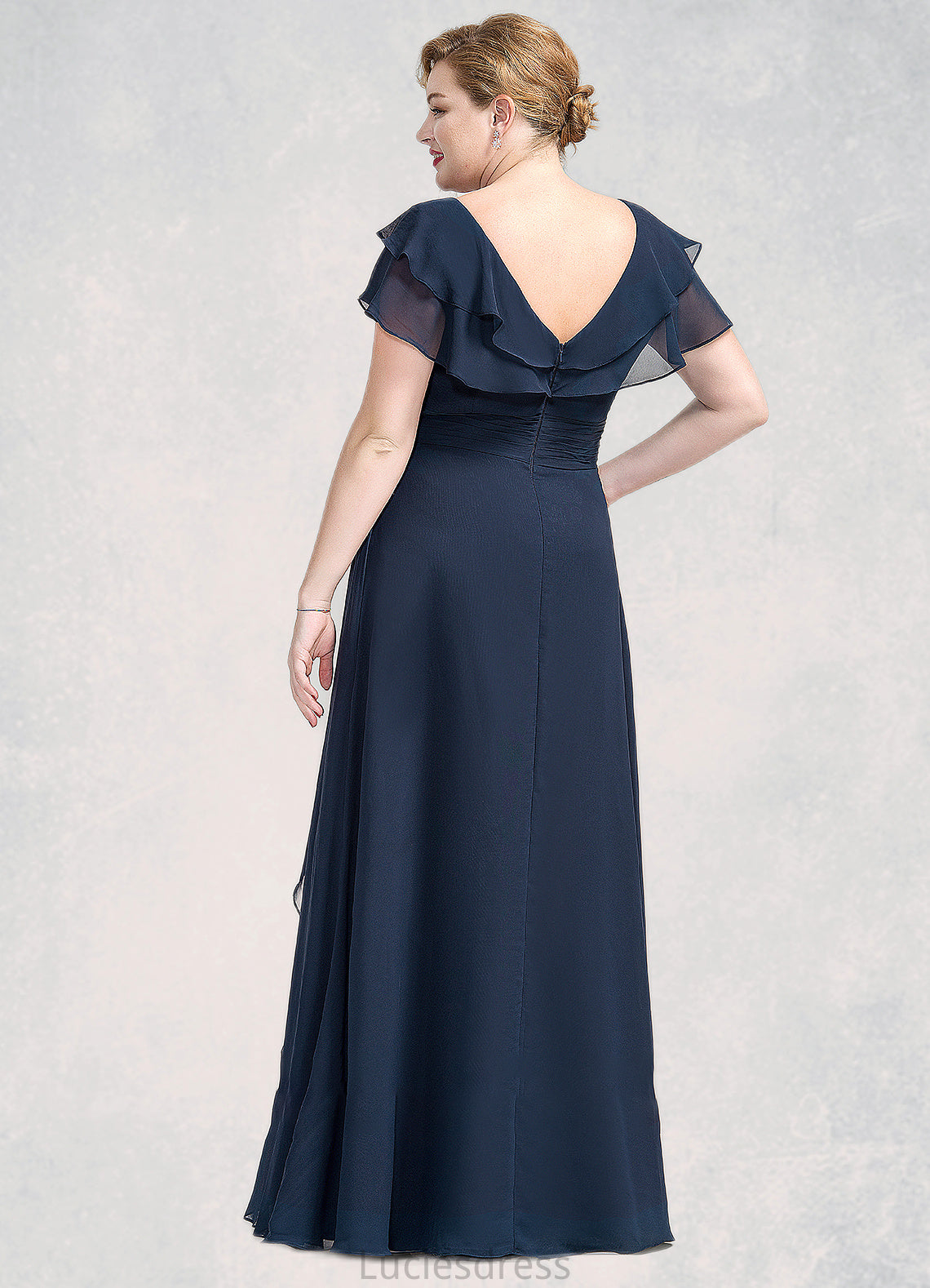 Amelie A-Line V-neck Floor-Length Chiffon Mother of the Bride Dress With Crystal Brooch Cascading Ruffles HF126P0014796