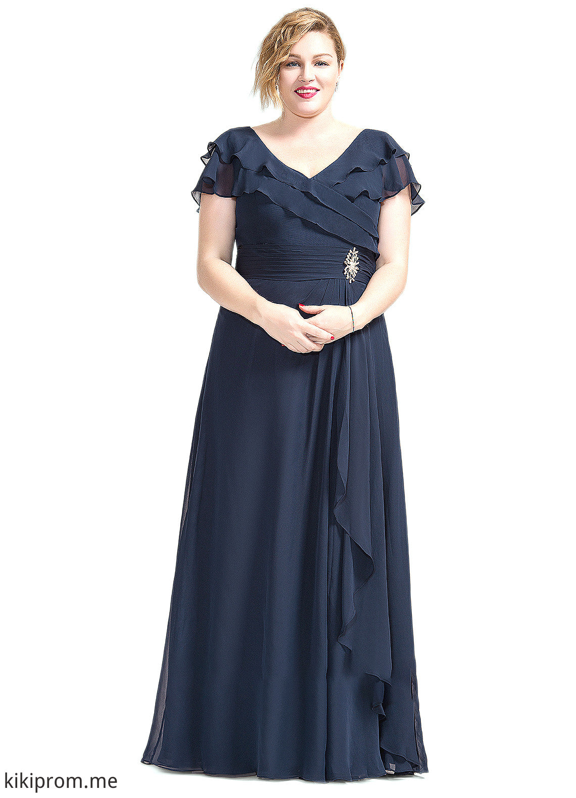 Samara A-Line V-neck Floor-Length Chiffon Mother of the Bride Dress With Crystal Brooch Cascading Ruffles STF126P0014796