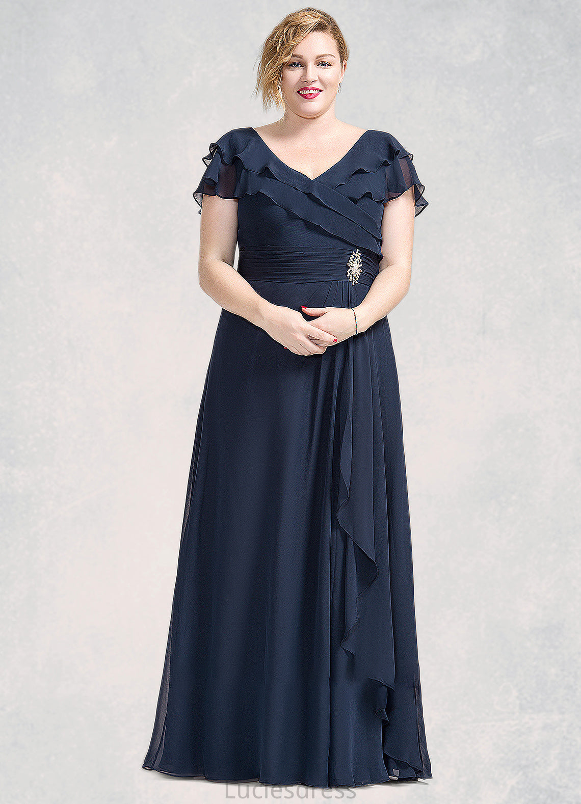 Amelie A-Line V-neck Floor-Length Chiffon Mother of the Bride Dress With Crystal Brooch Cascading Ruffles HF126P0014796