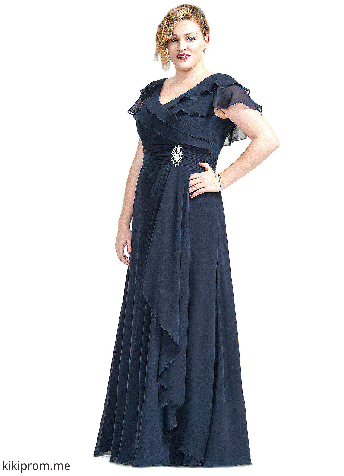 Samara A-Line V-neck Floor-Length Chiffon Mother of the Bride Dress With Crystal Brooch Cascading Ruffles STF126P0014796