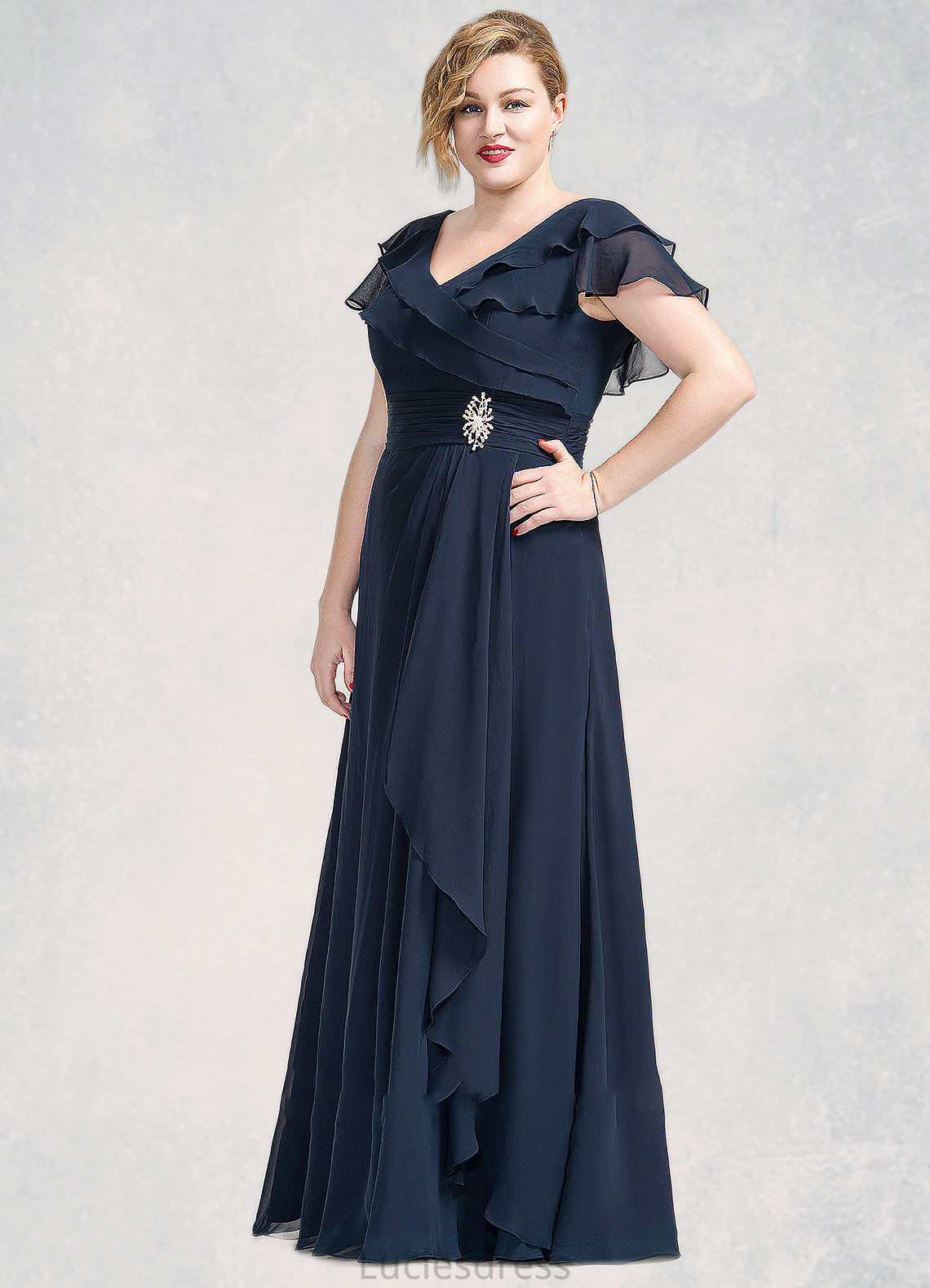 Amelie A-Line V-neck Floor-Length Chiffon Mother of the Bride Dress With Crystal Brooch Cascading Ruffles HF126P0014796