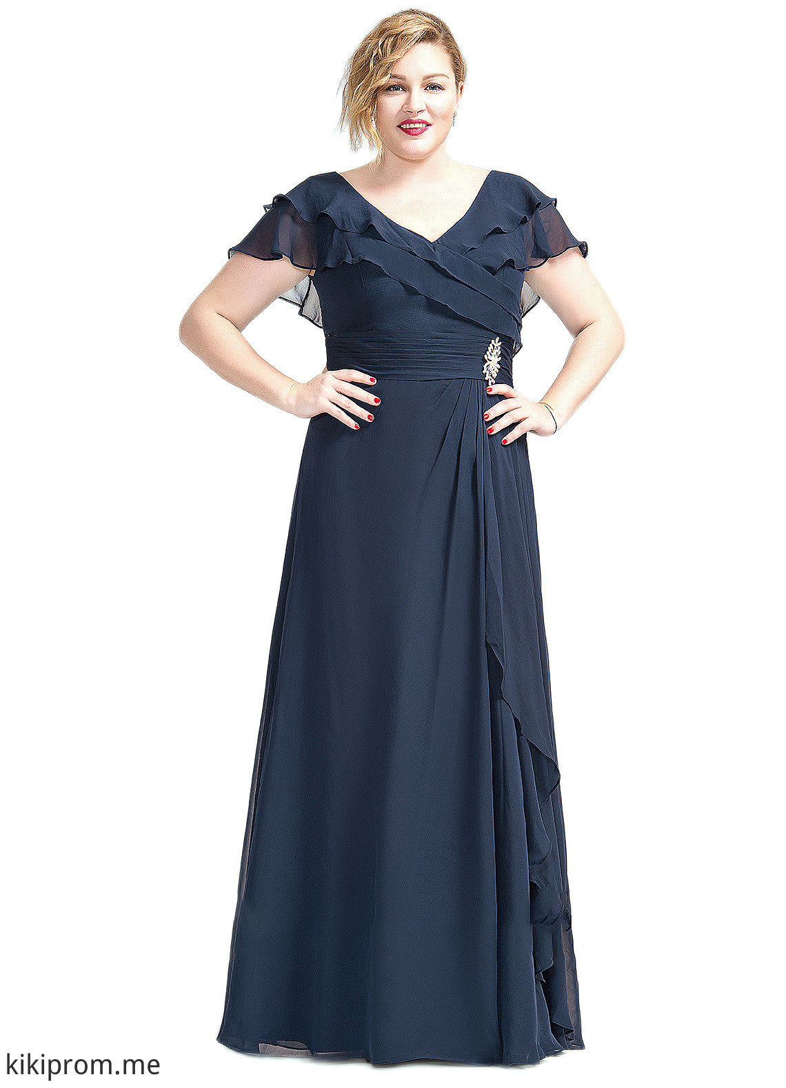 Samara A-Line V-neck Floor-Length Chiffon Mother of the Bride Dress With Crystal Brooch Cascading Ruffles STF126P0014796