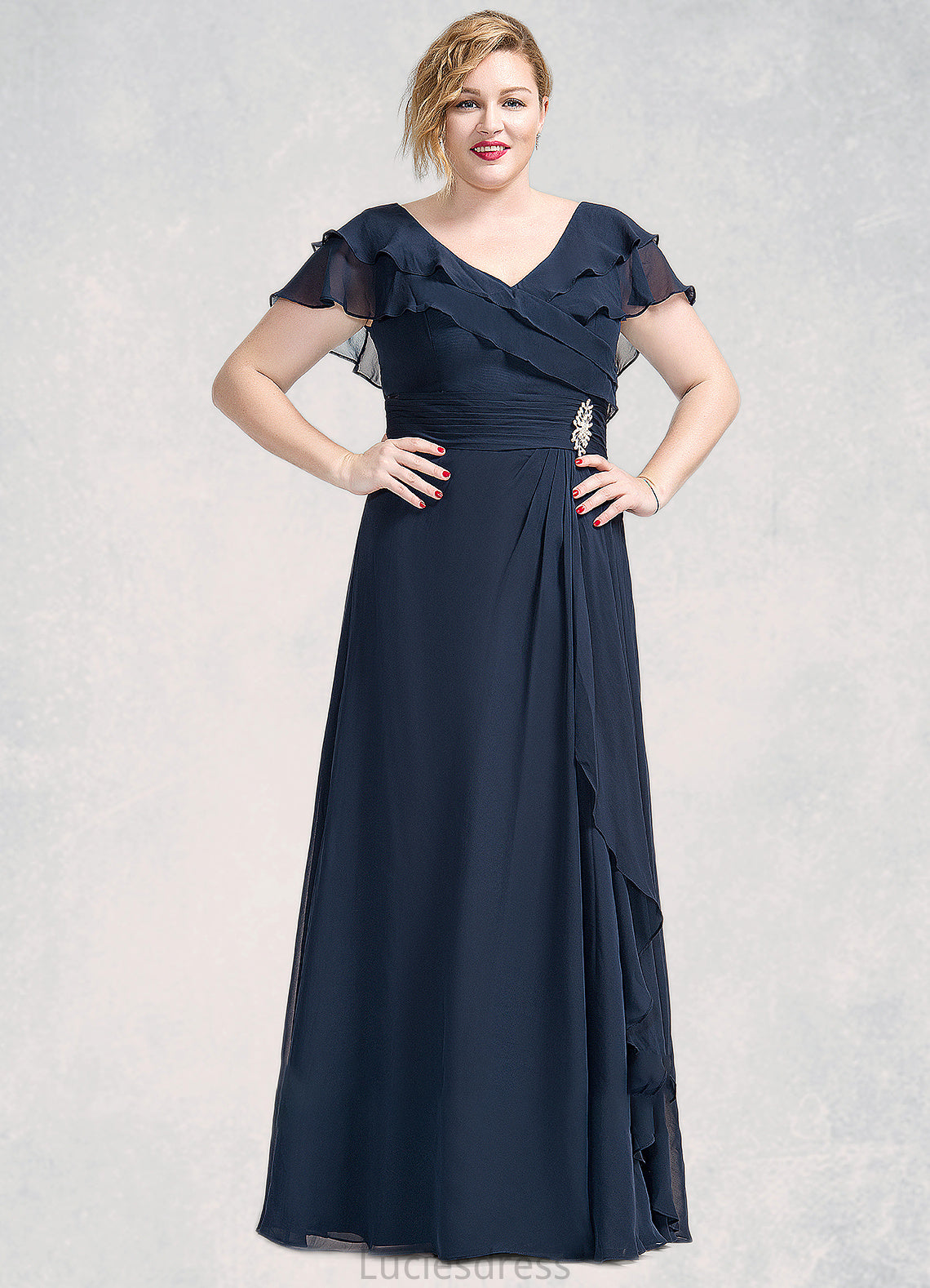 Amelie A-Line V-neck Floor-Length Chiffon Mother of the Bride Dress With Crystal Brooch Cascading Ruffles HF126P0014796