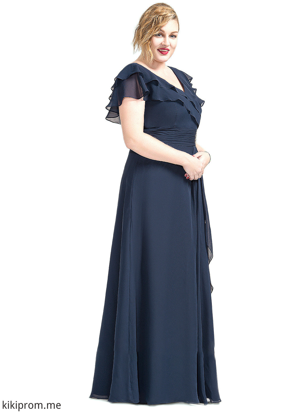 Samara A-Line V-neck Floor-Length Chiffon Mother of the Bride Dress With Crystal Brooch Cascading Ruffles STF126P0014796